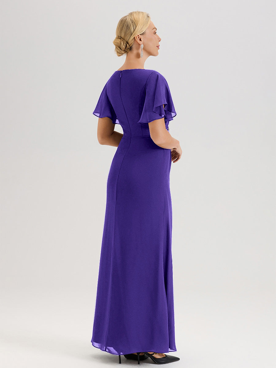 Cicinia Robe Pour Mère De La Mariée En Régence Longueur Au Sol En Chiffon Col Rond À Manches Courtes Volantées