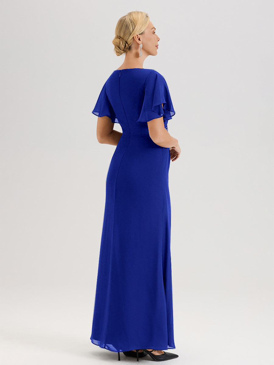 Cicinia Robe Pour Mère De La Mariée Bleu Royal Longueur Au Sol En Chiffon Col Rond À Manches Courtes Volantées