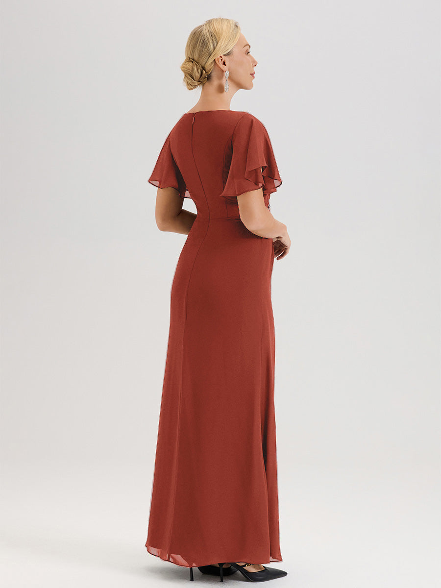 Cicinia Robe Pour Mère De La Mariée Rouille Longueur Au Sol En Chiffon Col Rond À Manches Courtes Volantées
