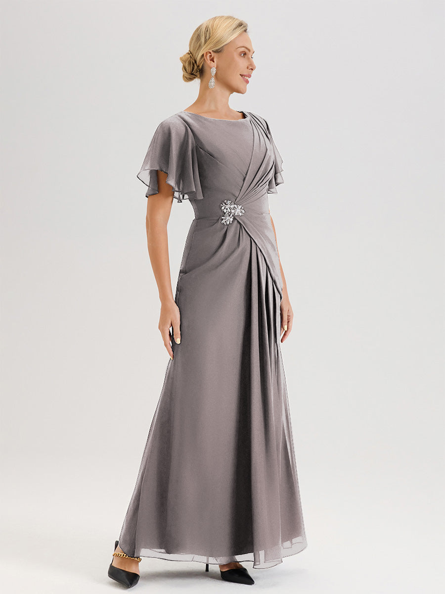 Cicinia Robe Pour Mère De La Mariée Argenté Longueur Au Sol En Chiffon Col Rond À Manches Courtes Volantées