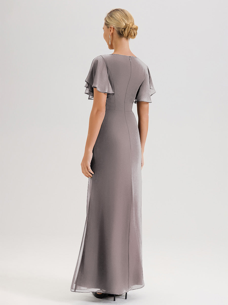 Cicinia Robe Pour Mère De La Mariée Argenté Longueur Au Sol En Chiffon Col Rond À Manches Courtes Volantées