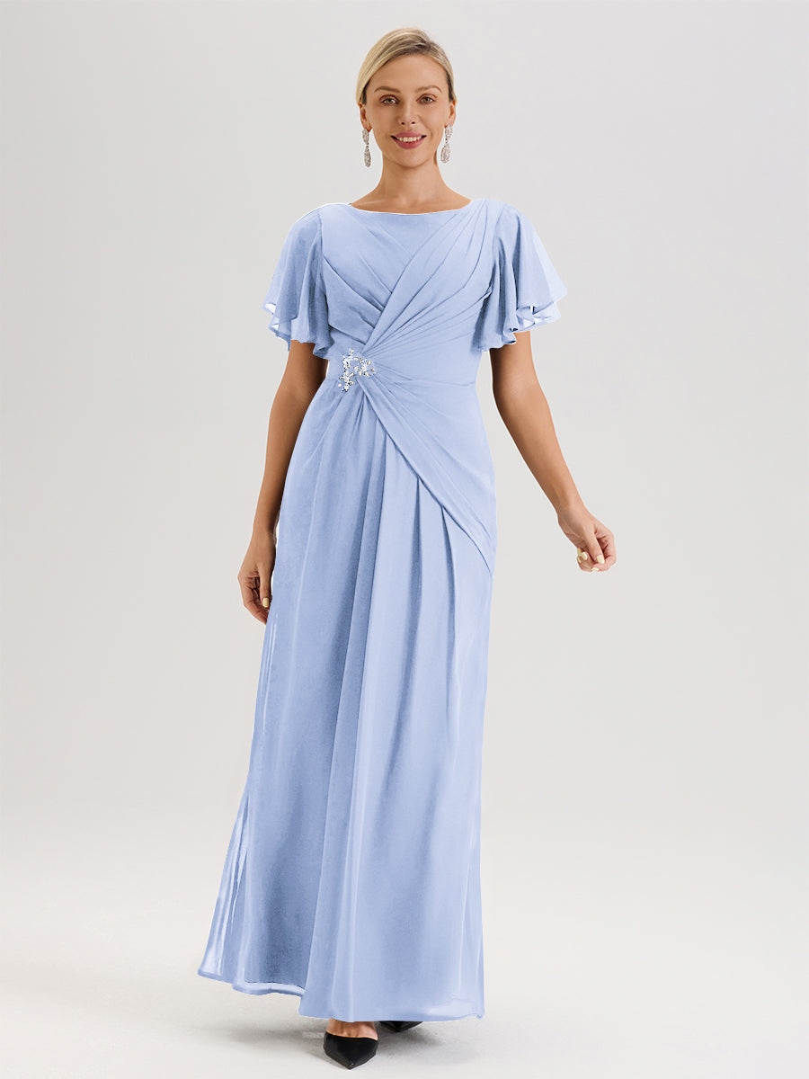 Cicinia Robe Pour Mère De La Mariée Lilas Longueur Au Sol En Chiffon Col Rond À Manches Courtes Volantées