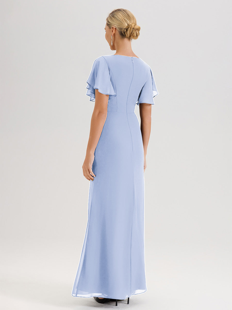 Cicinia Robe Pour Mère De La Mariée Bleu Ciel Longueur Au Sol En Chiffon Col Rond À Manches Courtes Volantées