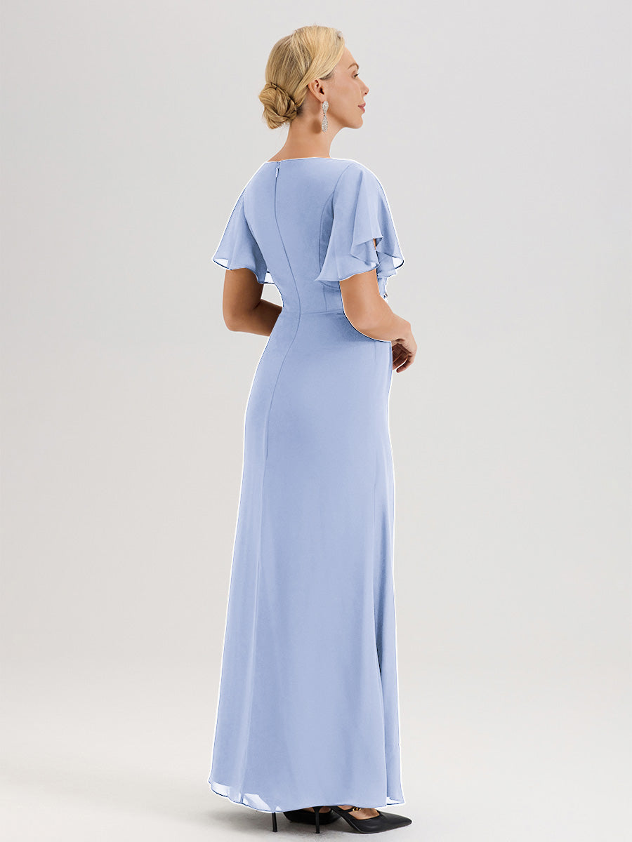 Cicinia Robe Pour Mère De La Mariée Bleu Ciel Longueur Au Sol En Chiffon Col Rond À Manches Courtes Volantées