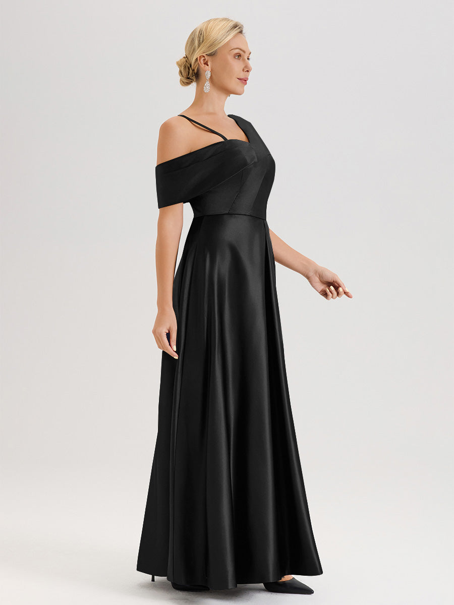 Cicinia Noir Robe Mère De La Mariée Longueur Au Sol Trapèze Une Épaule En Satin Avec Jupe Plissée Fendue