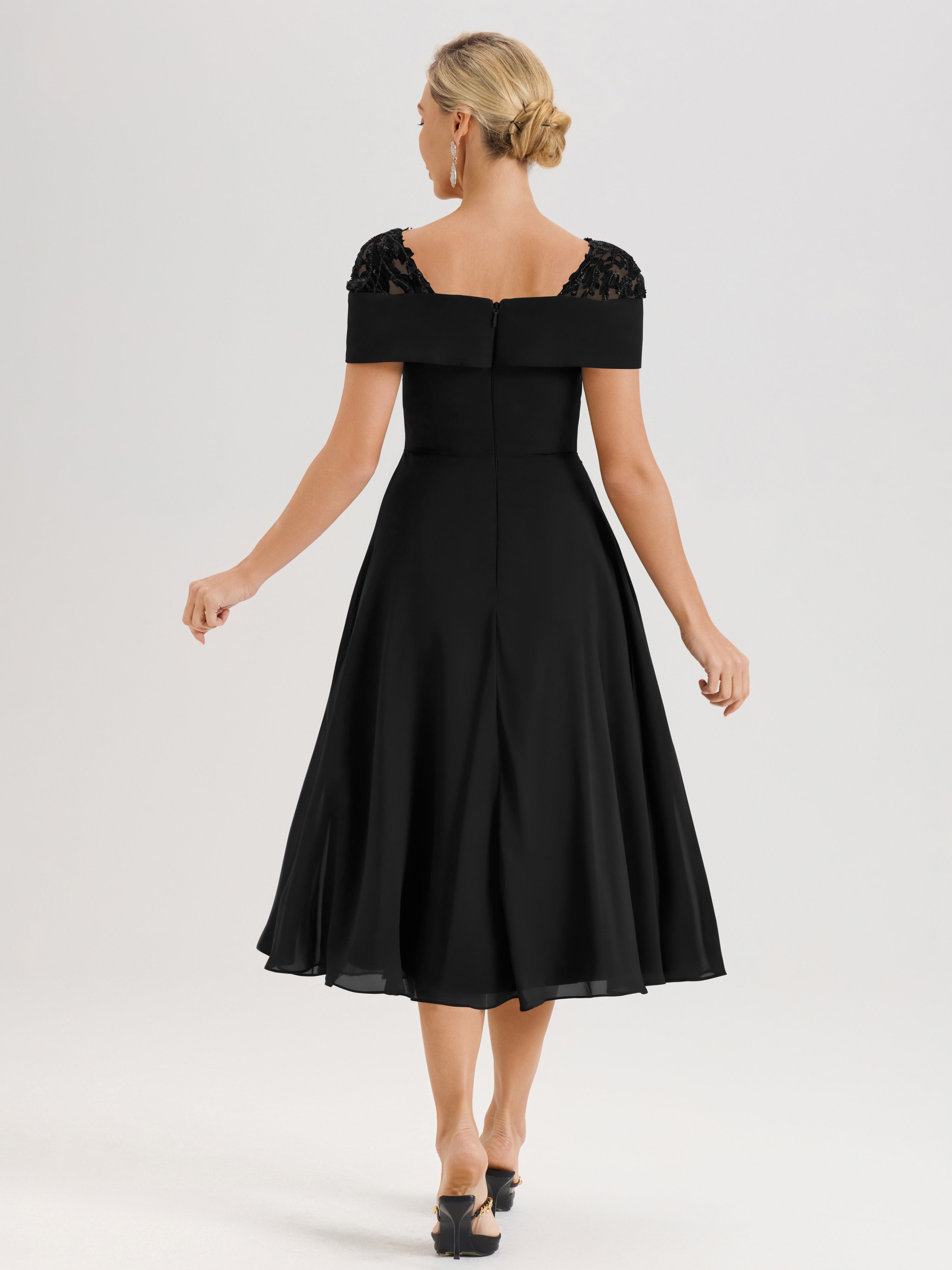 Cicinia Robe Trapèze Pour Mère De La Mariée Noir En Mousseline Et Dentelle Col Carré Manches Courtes Longueur Mi-Mollet