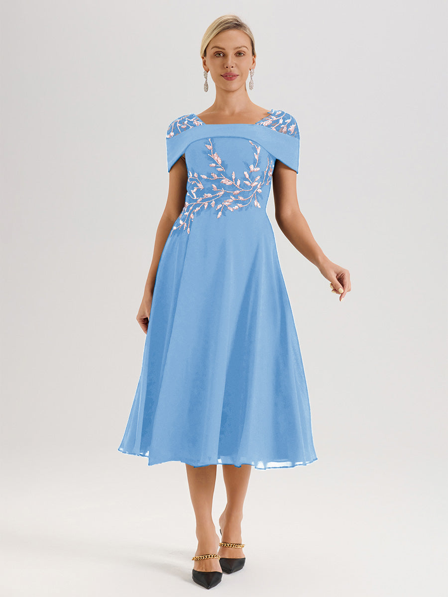 Cicinia Robe Trapèze Pour Mère De La Mariée Bleu En Mousseline Et Dentelle Col Carré Manches Courtes Longueur Mi-Mollet