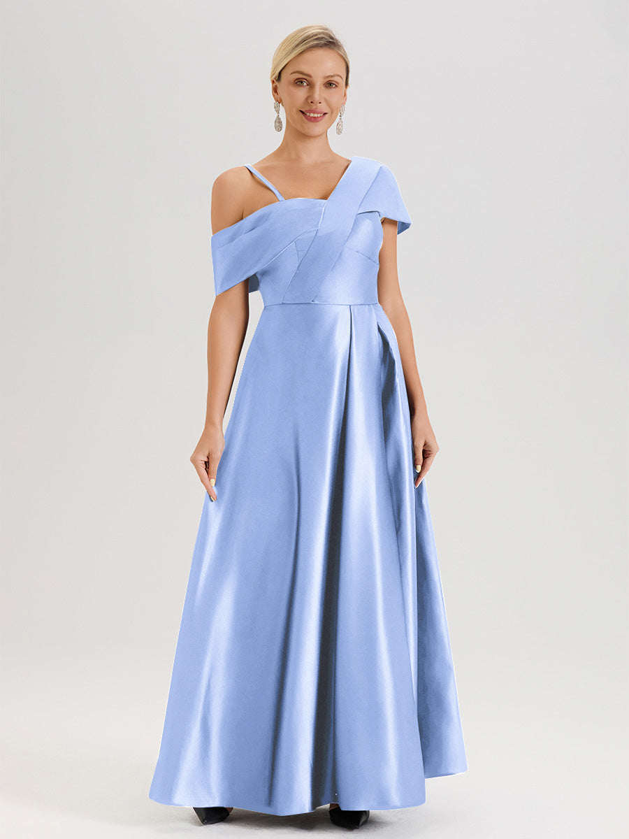 Cicinia Bleu Robe Mère De La Mariée Longueur Au Sol Trapèze Une Épaule En Satin Avec Jupe Plissée Fendue