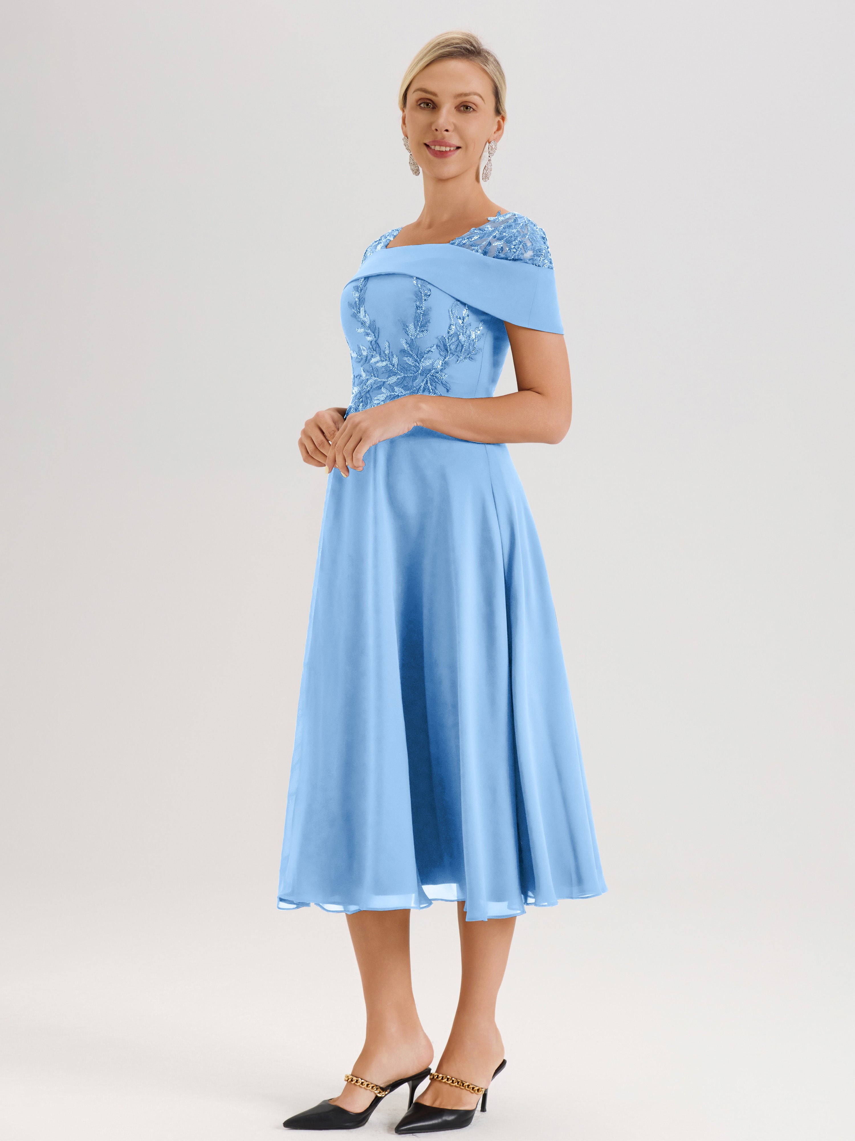 Cicinia Robe Trapèze Pour Mère De La Mariée Bleu En Mousseline Et Dentelle Col Carré Manches Courtes Longueur Mi-Mollet