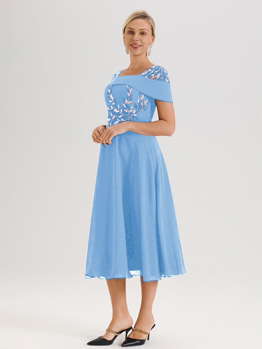 Cicinia Robe Trapèze Pour Mère De La Mariée Bleu En Mousseline Et Dentelle Col Carré Manches Courtes Longueur Mi-Mollet