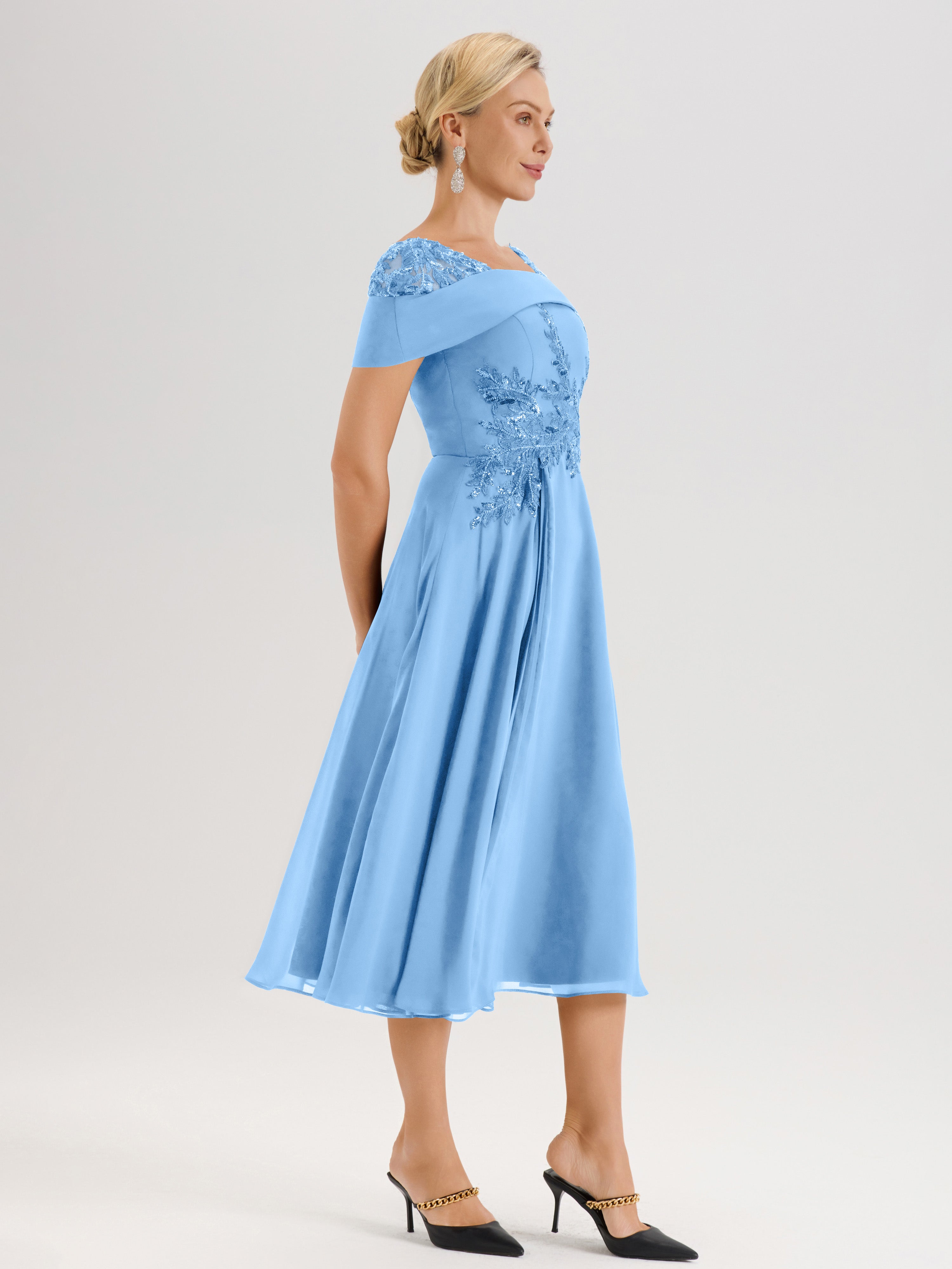 Cicinia Robe Trapèze Pour Mère De La Mariée Bleu En Mousseline Et Dentelle Col Carré Manches Courtes Longueur Mi-Mollet