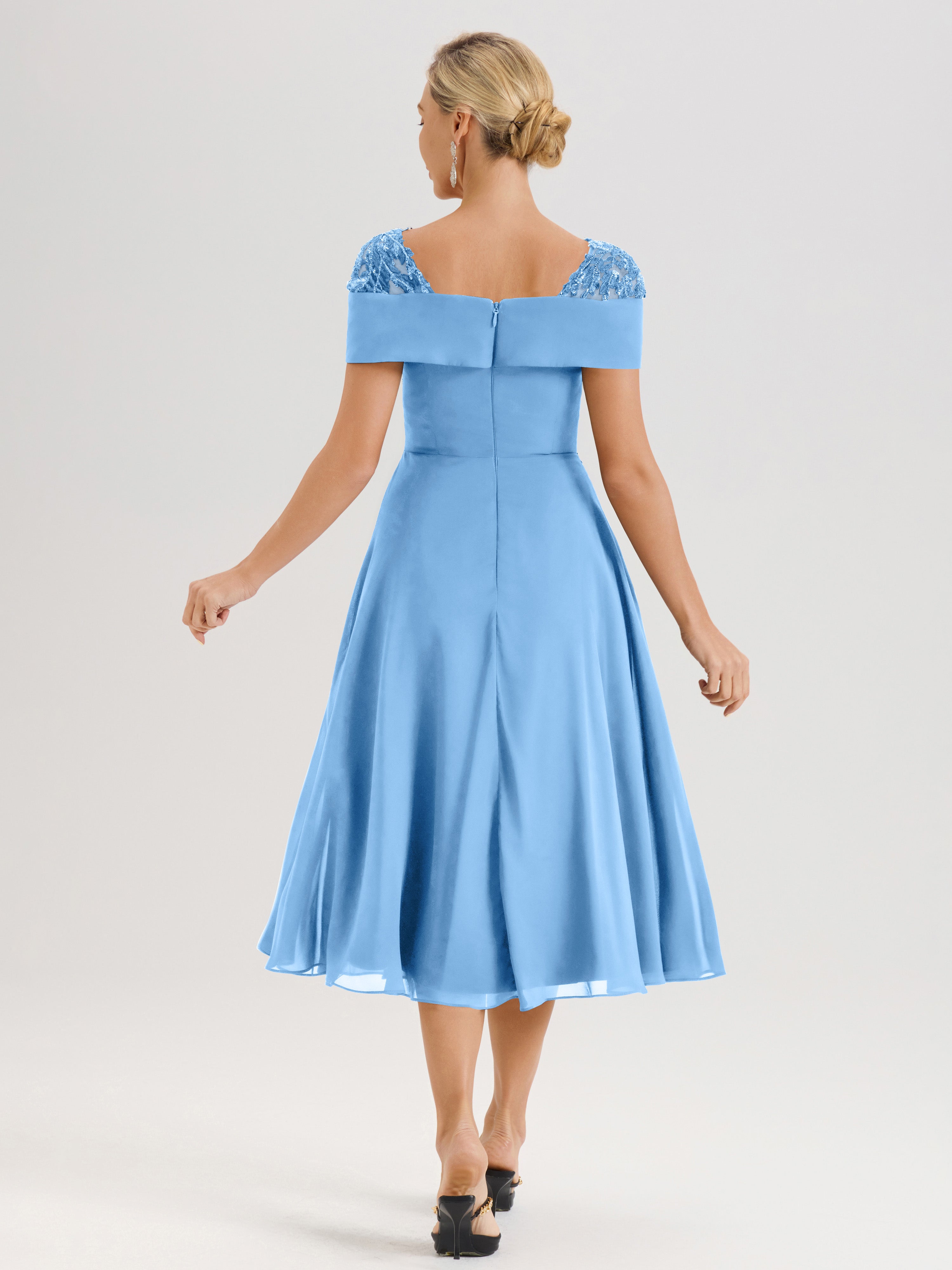 Cicinia Robe Trapèze Pour Mère De La Mariée Bleu En Mousseline Et Dentelle Col Carré Manches Courtes Longueur Mi-Mollet