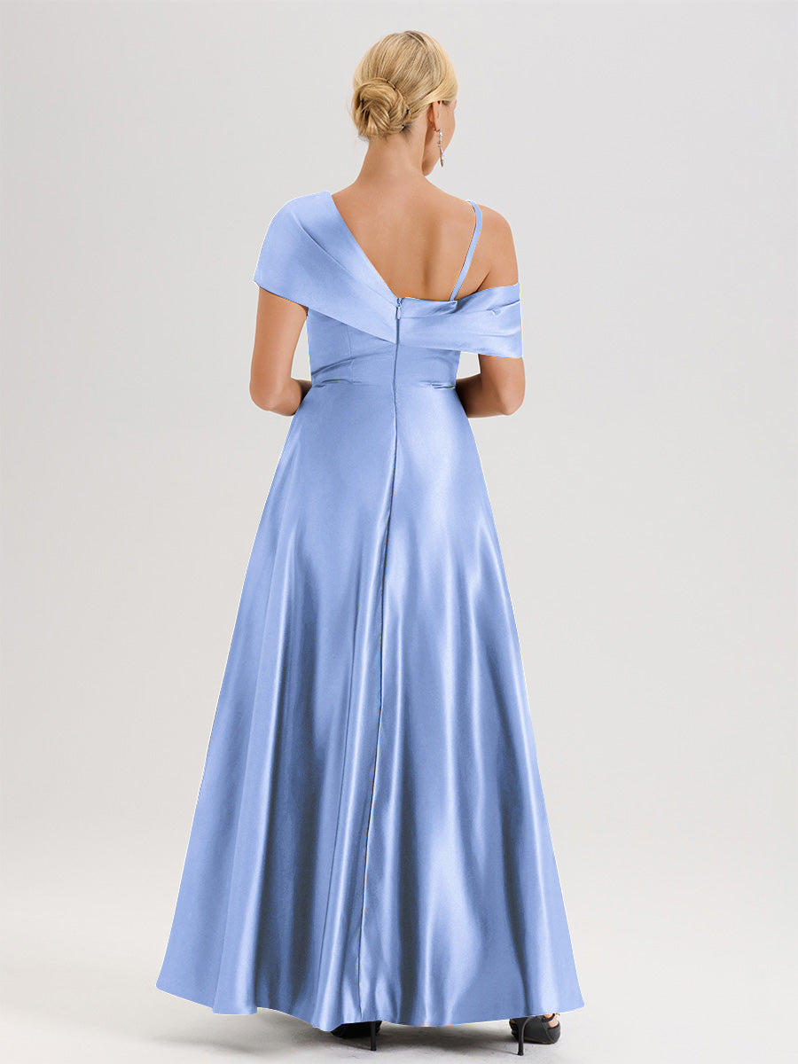 Cicinia Bleu Robe Mère De La Mariée Longueur Au Sol Trapèze Une Épaule En Satin Avec Jupe Plissée Fendue