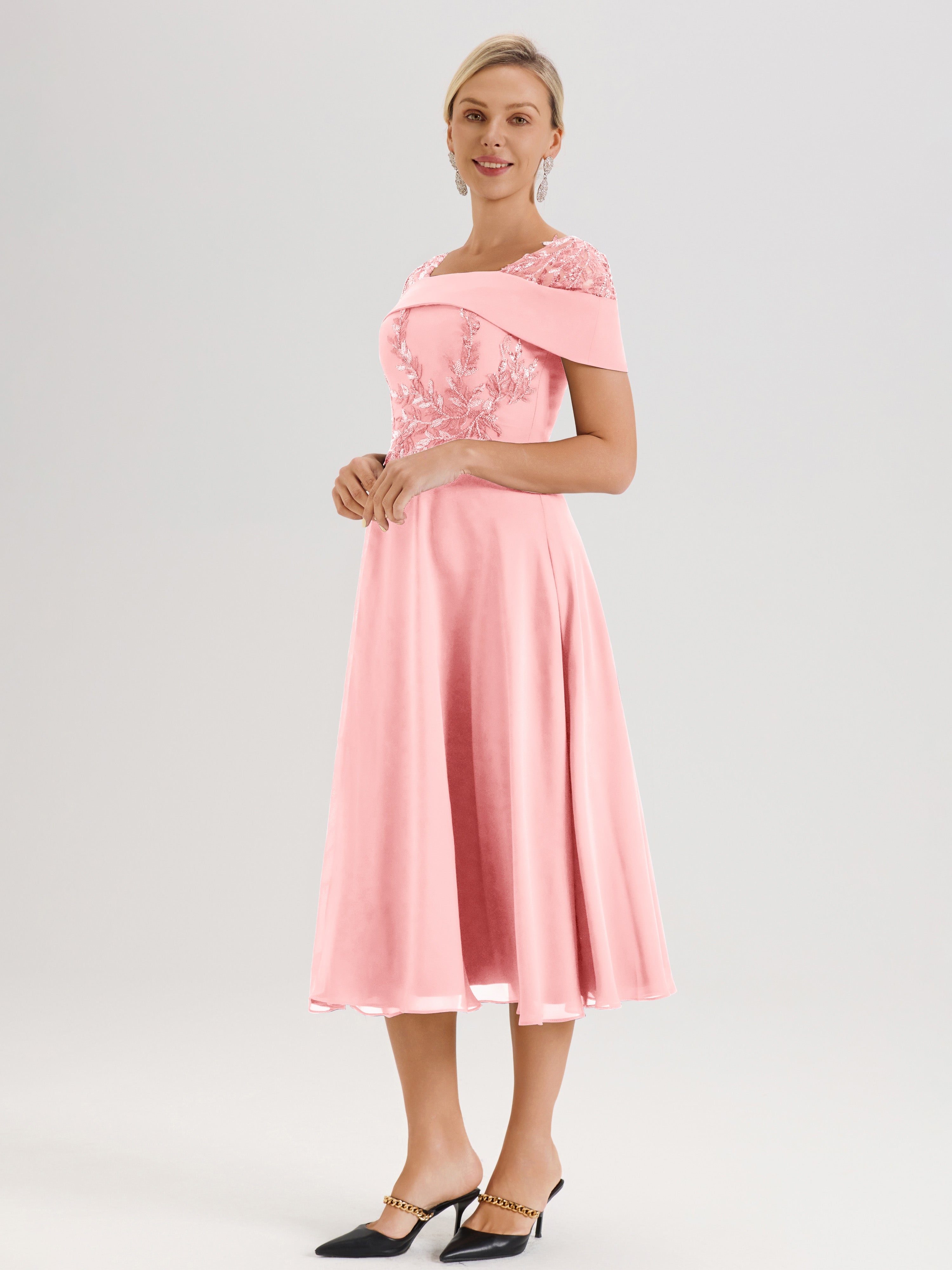 Cicinia Robe Trapèze Pour Mère De La Mariée En Rose En Mousseline Et Dentelle Col Carré Manches Courtes Longueur Mi-Mollet