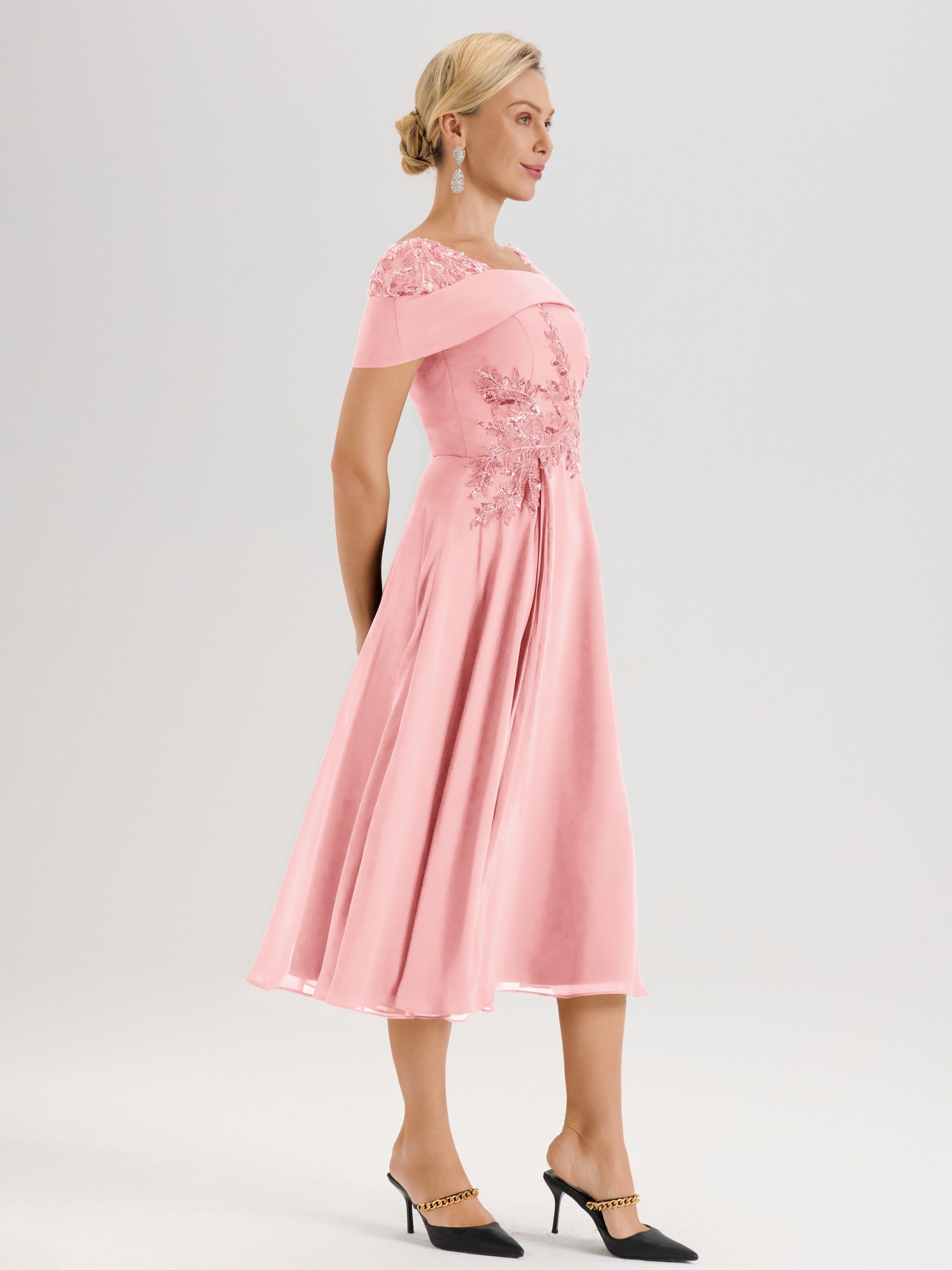 Cicinia Robe Trapèze Pour Mère De La Mariée En Rose En Mousseline Et Dentelle Col Carré Manches Courtes Longueur Mi-Mollet