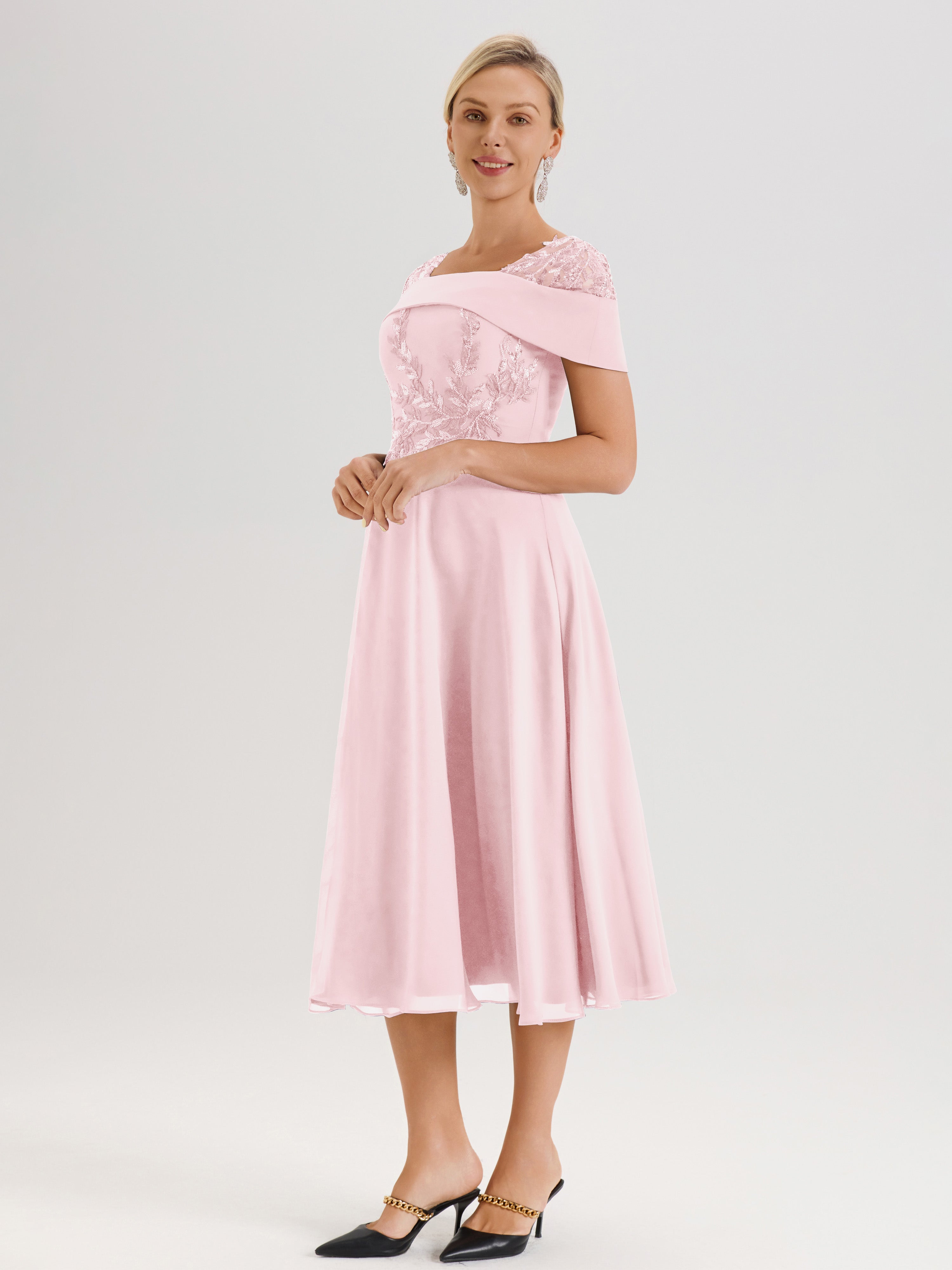 Cicinia Robe Trapèze Pour Mère De La Mariée Rose Pale En Mousseline Et Dentelle Col Carré Manches Courtes Longueur Mi-Mollet