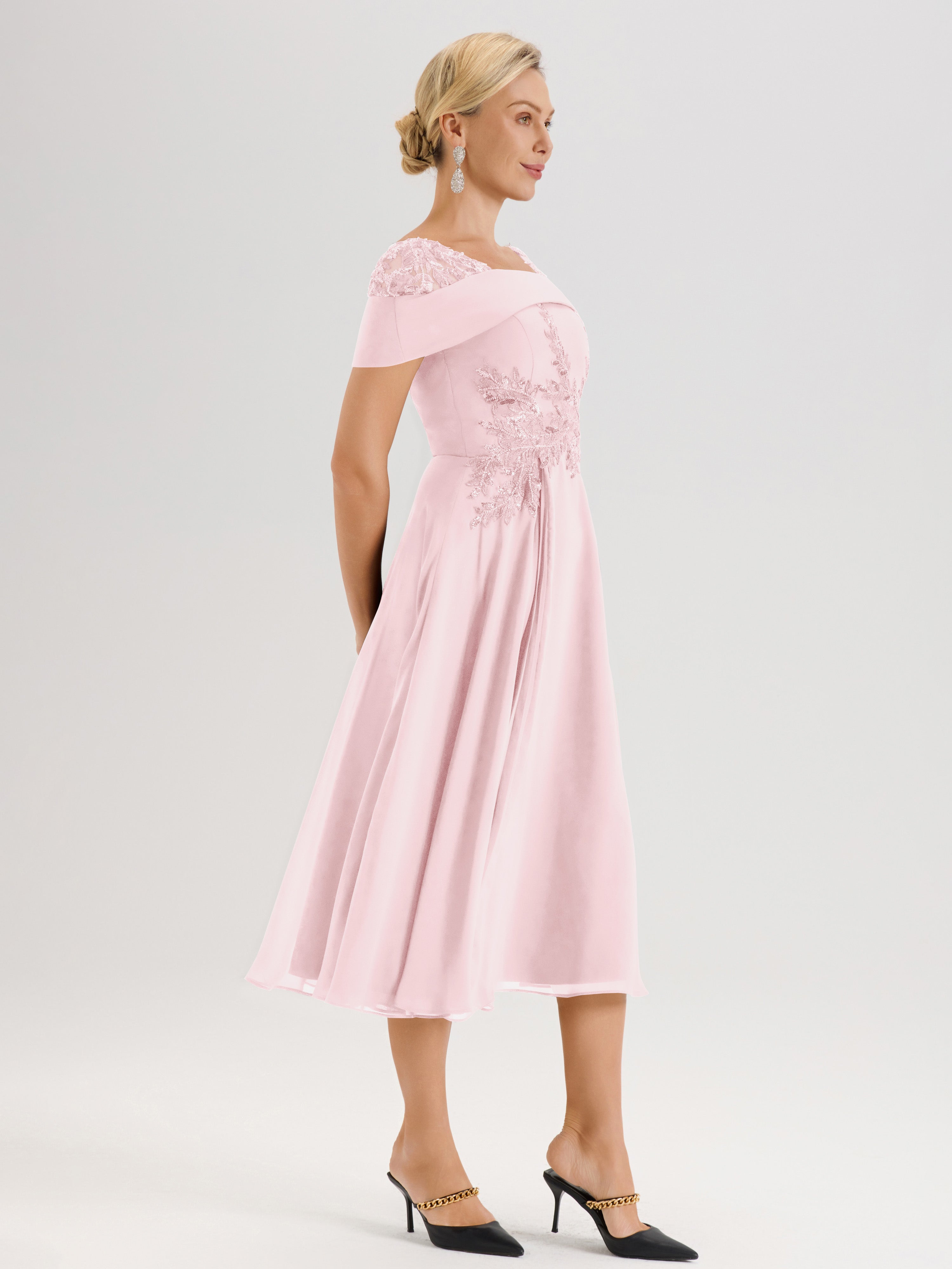 Cicinia Robe Trapèze Pour Mère De La Mariée Rose Pale En Mousseline Et Dentelle Col Carré Manches Courtes Longueur Mi-Mollet