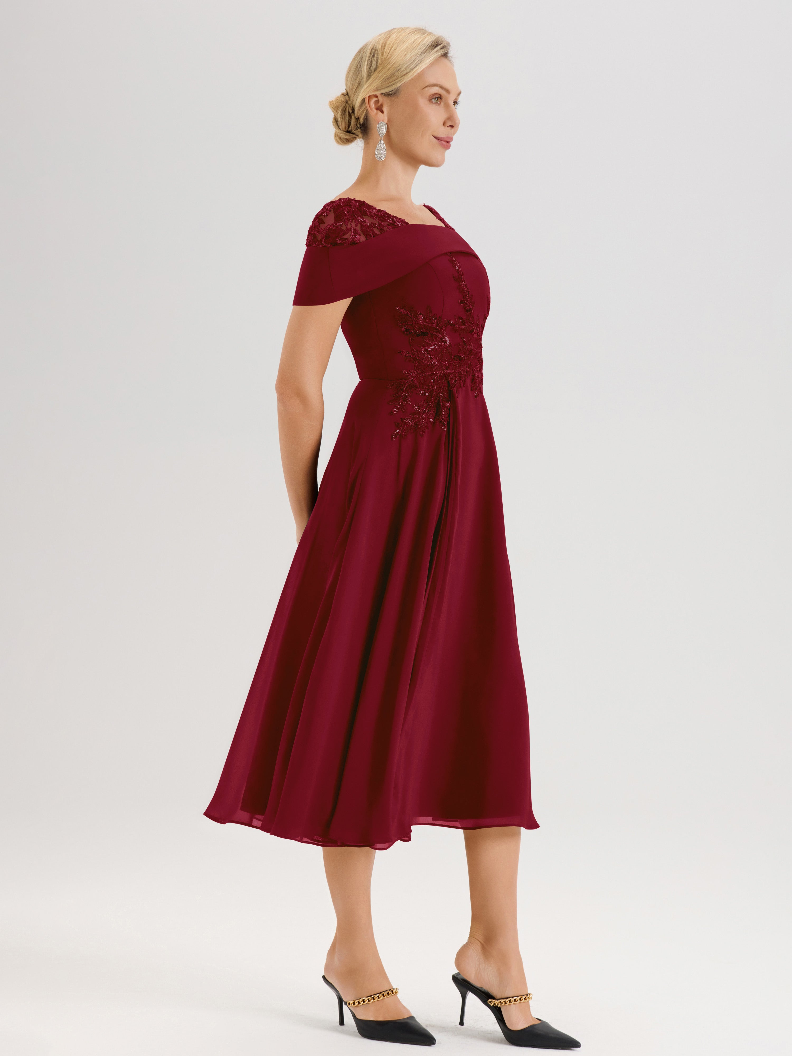 Cicinia Robe Trapèze Pour Mère De La Mariée BORDEAUX En Mousseline Et Dentelle Col Carré Manches Courtes Longueur Mi-Mollet