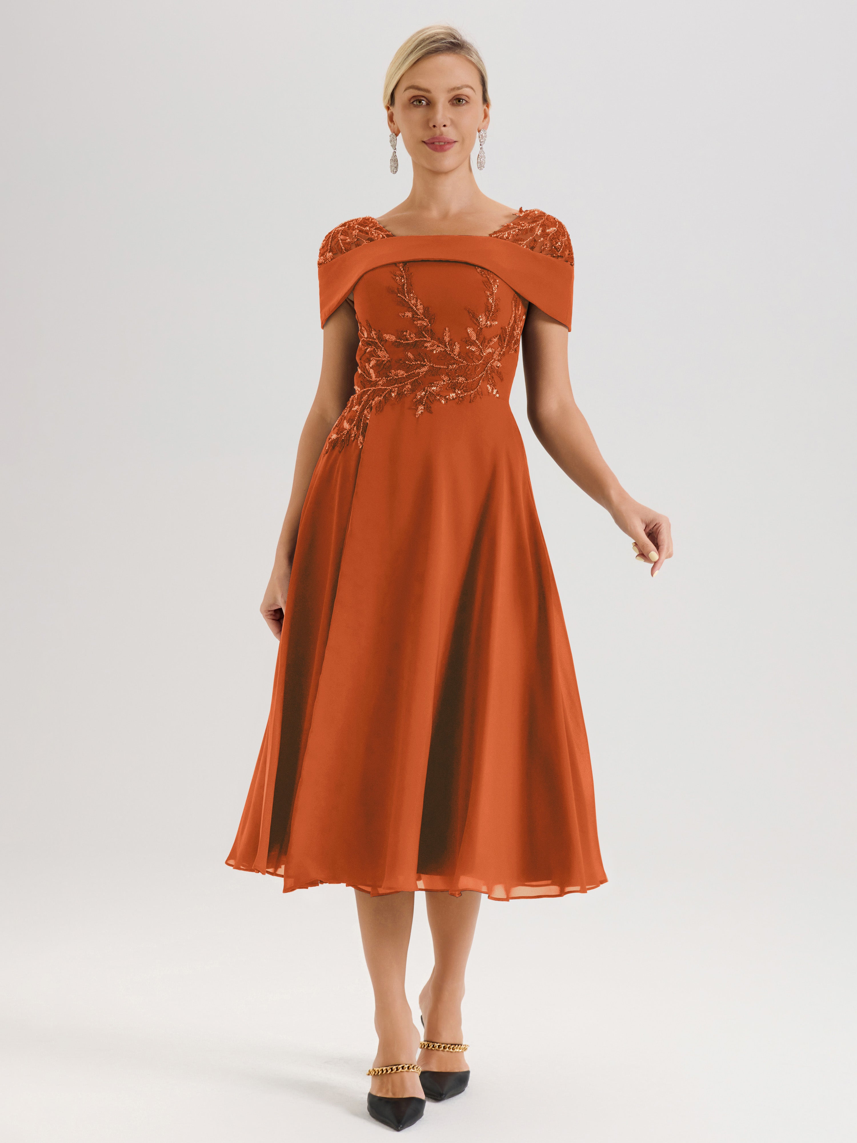 Cicinia Robe Trapèze Pour Mère De La Mariée Orange Brûlé En Mousseline Et Dentelle Col Carré Manches Courtes Longueur Mi-Mollet