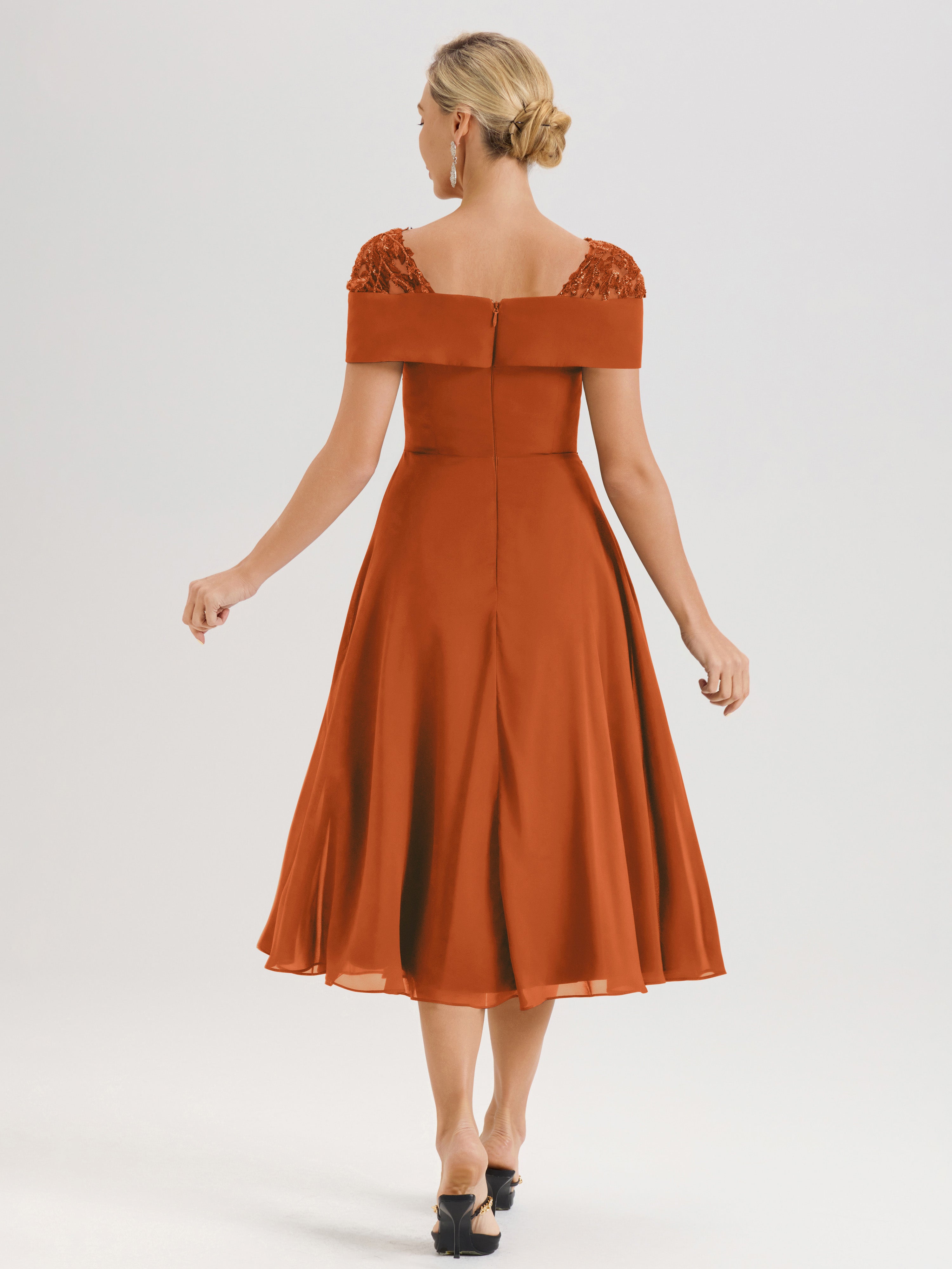 Cicinia Robe Trapèze Pour Mère De La Mariée Orange Brûlé En Mousseline Et Dentelle Col Carré Manches Courtes Longueur Mi-Mollet