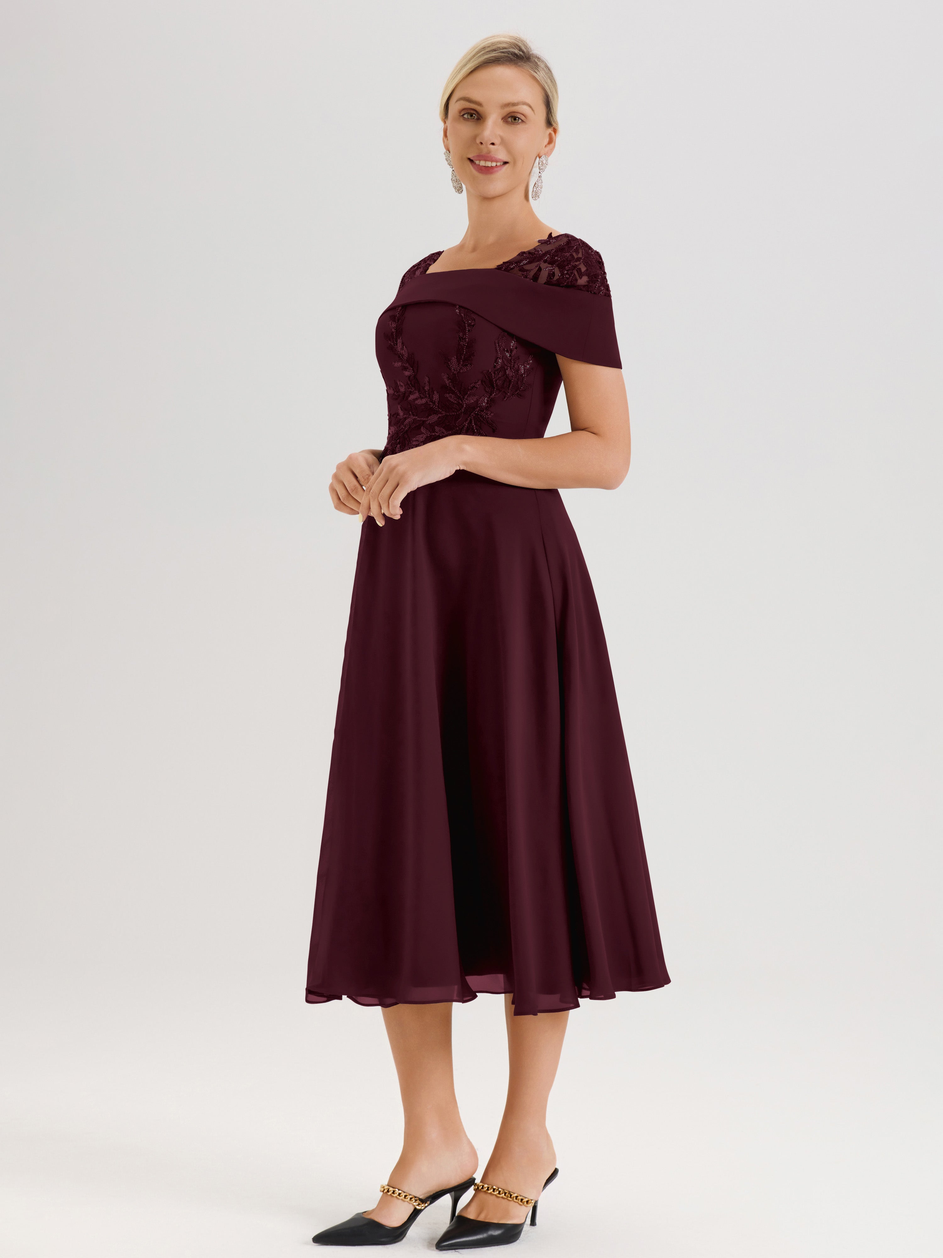 Cicinia Robe Trapèze Pour Mère De La Mariée Cabernet En Mousseline Et Dentelle Col Carré Manches Courtes Longueur Mi-Mollet
