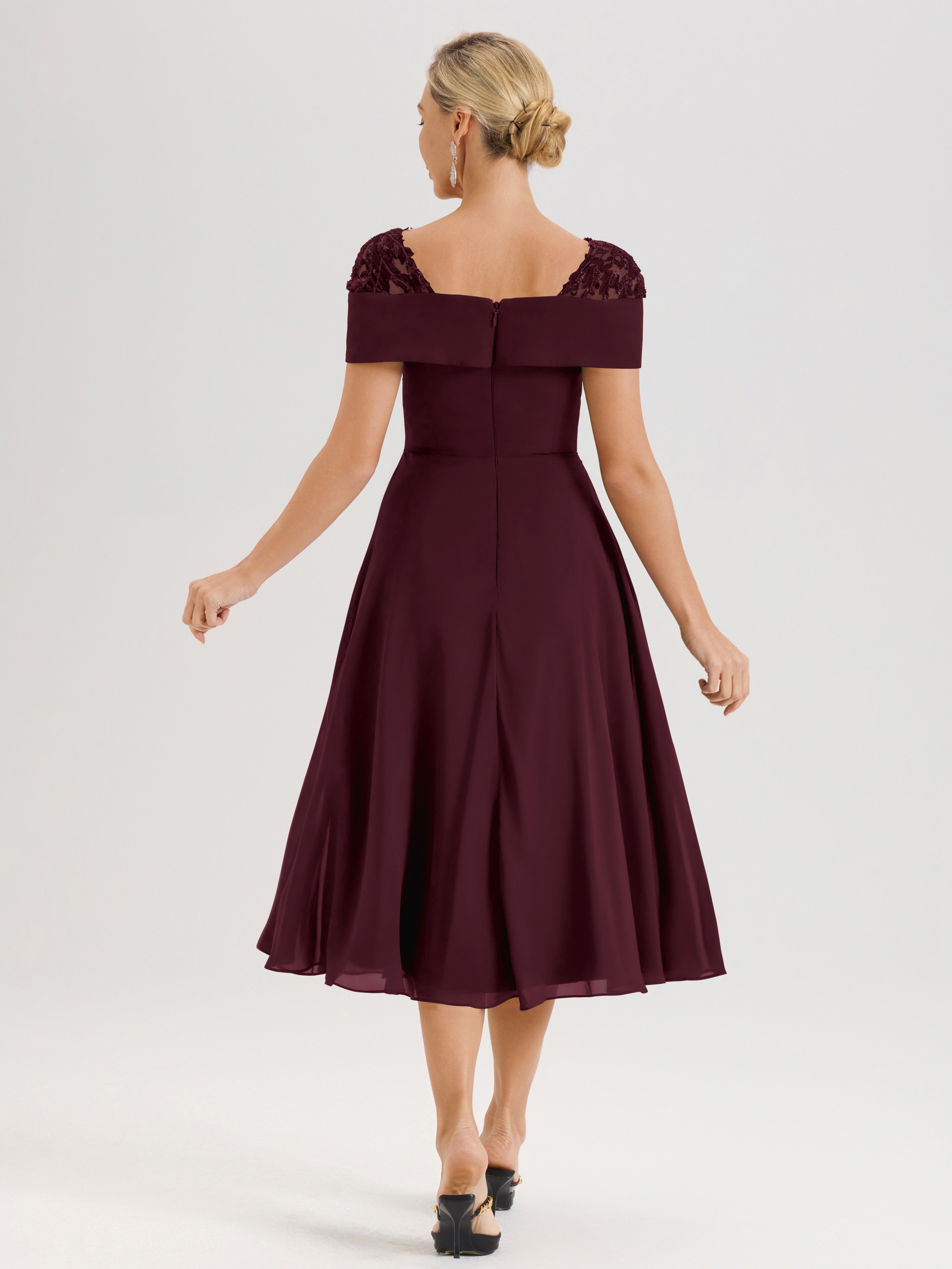 Cicinia Robe Trapèze Pour Mère De La Mariée Cabernet En Mousseline Et Dentelle Col Carré Manches Courtes Longueur Mi-Mollet