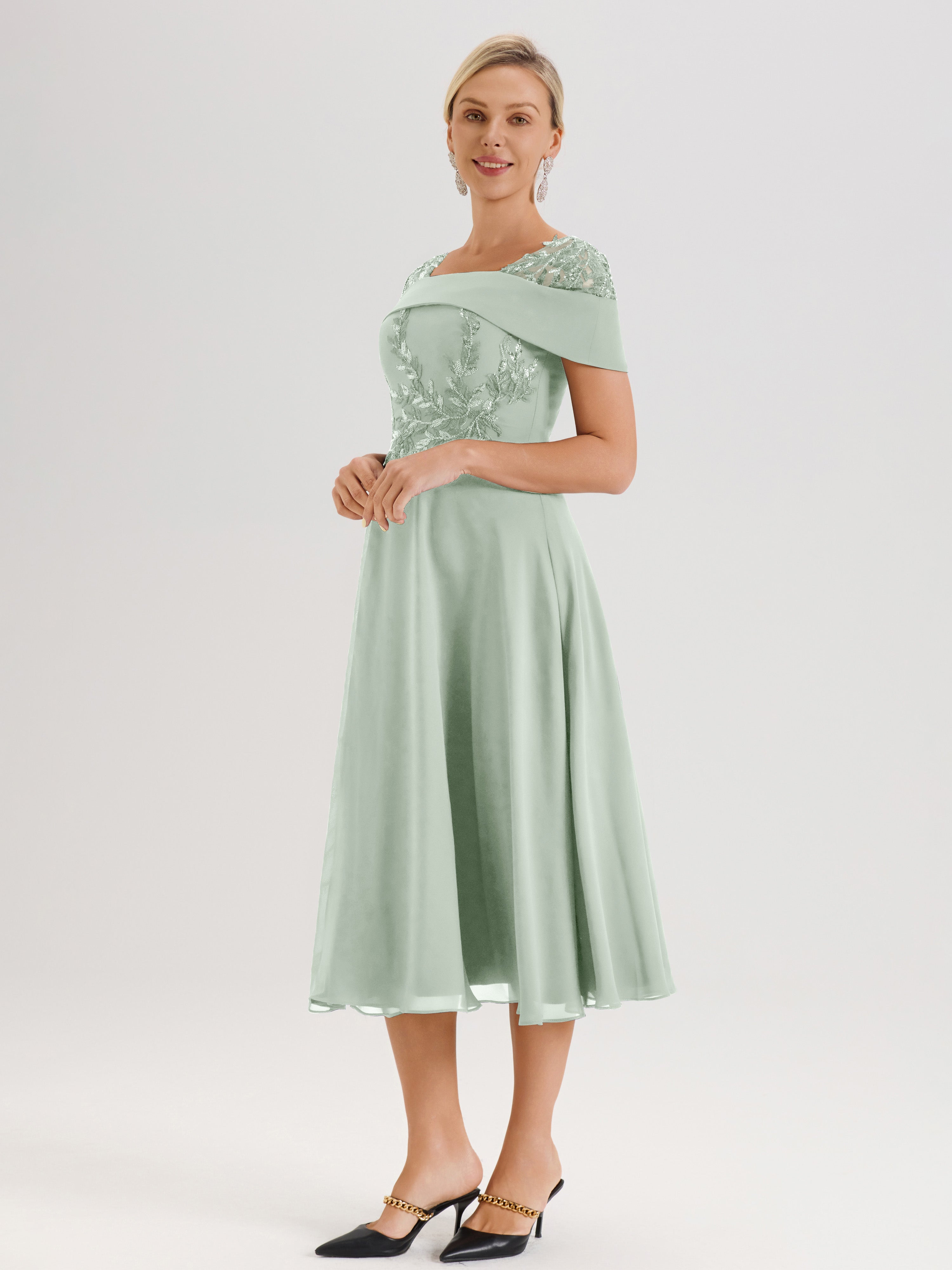 Cicinia Robe Trapèze Pour Mère De La Mariée Celadon En Mousseline Et Dentelle Col Carré Manches Courtes Longueur Mi-Mollet