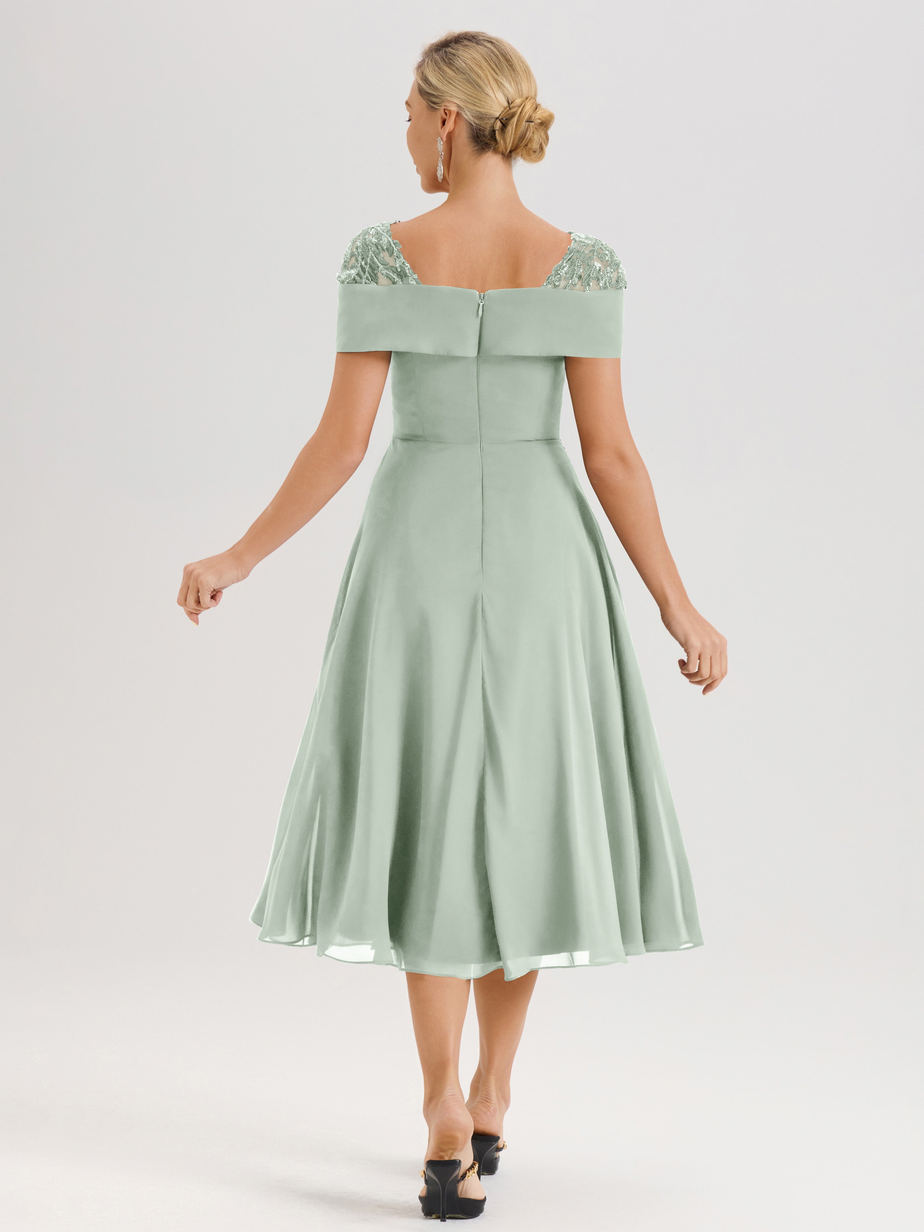 Cicinia Robe Trapèze Pour Mère De La Mariée Celadon En Mousseline Et Dentelle Col Carré Manches Courtes Longueur Mi-Mollet