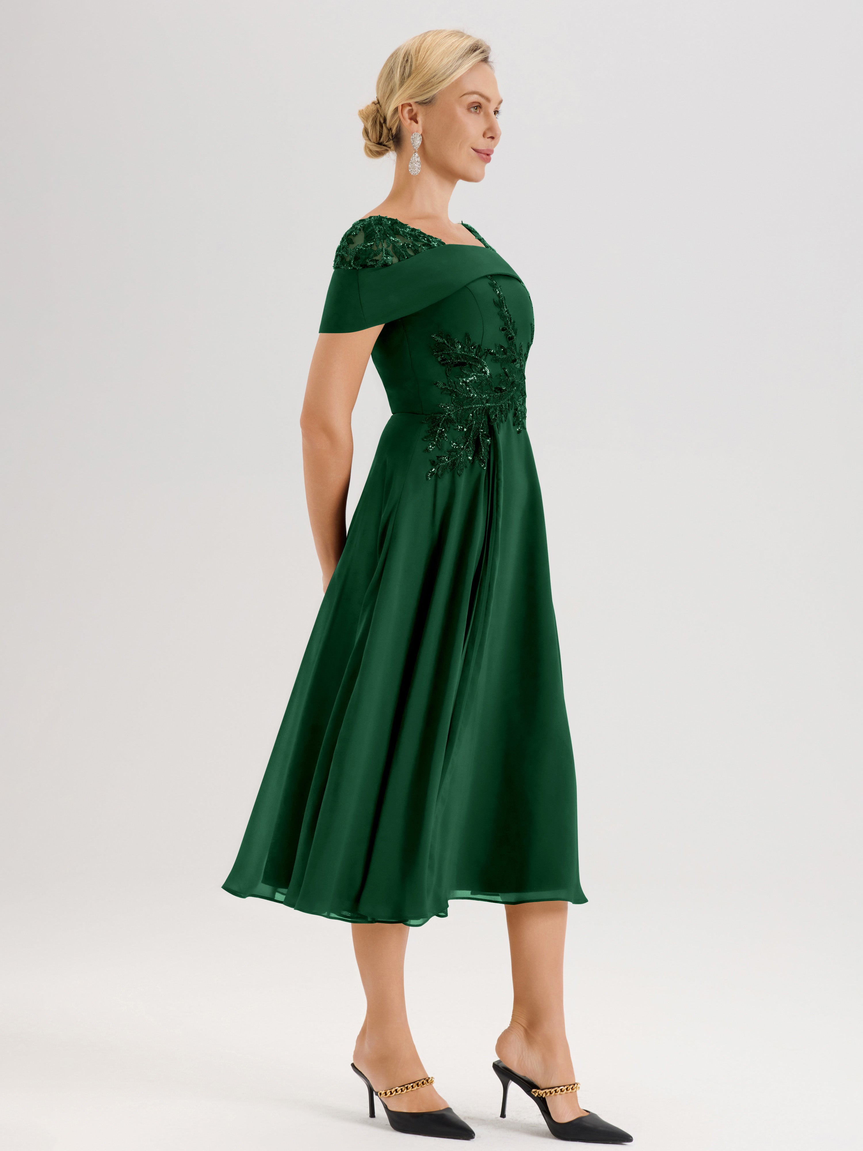 Cicinia Robe Trapèze Pour Mère De La Mariée Vert Foncé En Mousseline Et Dentelle Col Carré Manches Courtes Longueur Mi-Mollet
