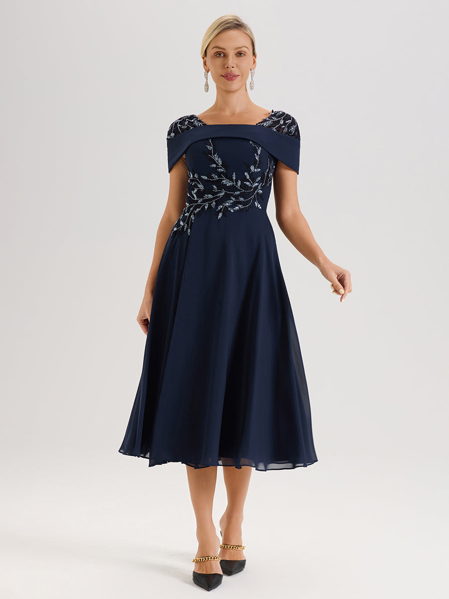 Cicinia Robe Trapèze Pour Mère De La Mariée Bleu Marine En Mousseline Et Dentelle Col Carré Manches Courtes Longueur Mi-Mollet