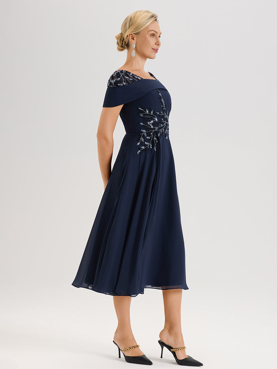 Cicinia Robe Trapèze Pour Mère De La Mariée Bleu Marine En Mousseline Et Dentelle Col Carré Manches Courtes Longueur Mi-Mollet