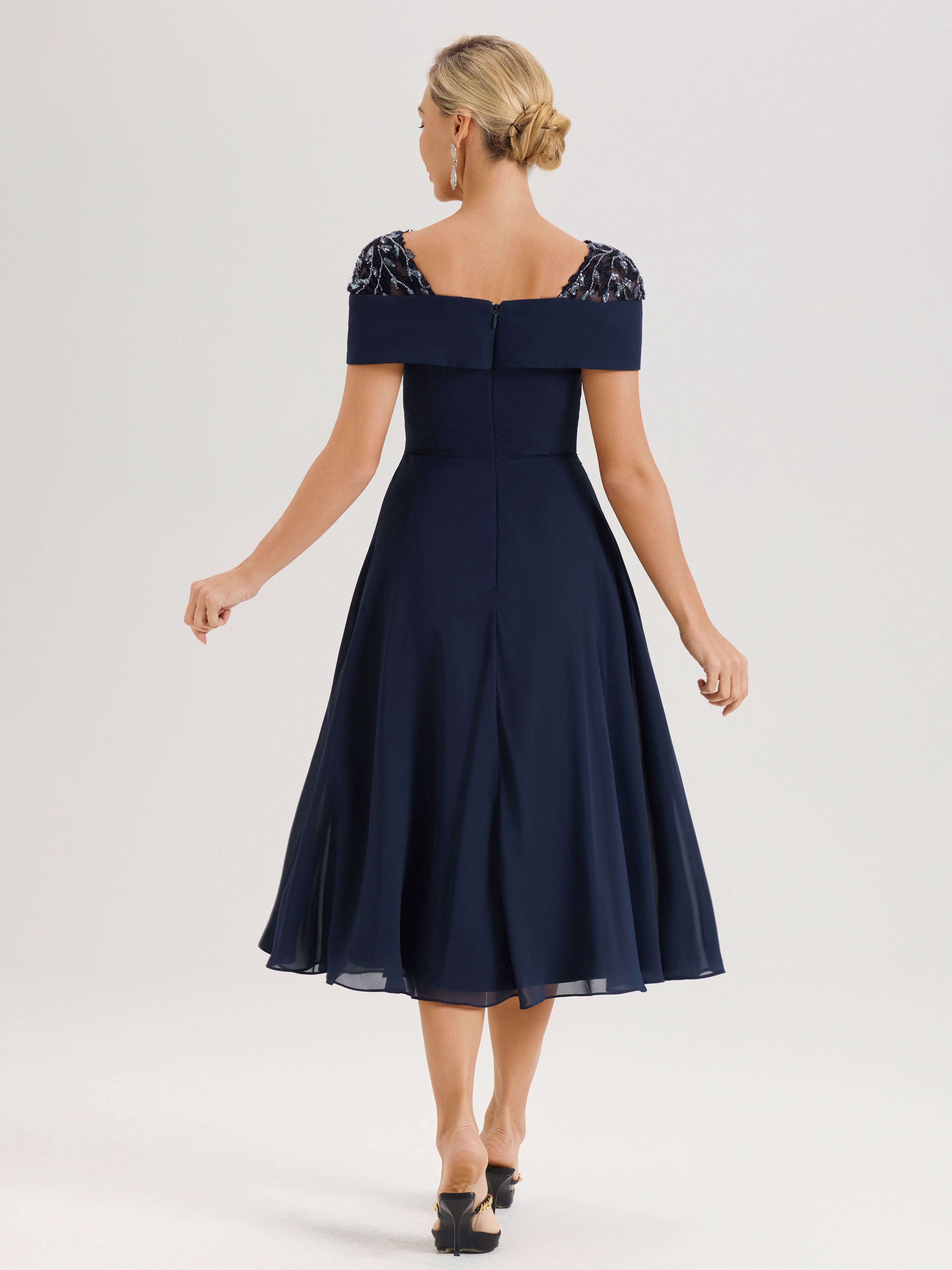 Cicinia Robe Trapèze Pour Mère De La Mariée Bleu Marine En Mousseline Et Dentelle Col Carré Manches Courtes Longueur Mi-Mollet