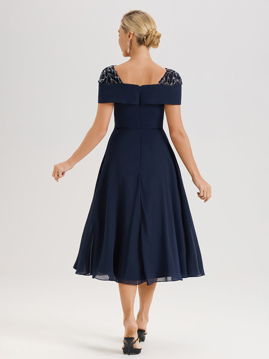 Cicinia Robe Trapèze Pour Mère De La Mariée Bleu Marine En Mousseline Et Dentelle Col Carré Manches Courtes Longueur Mi-Mollet