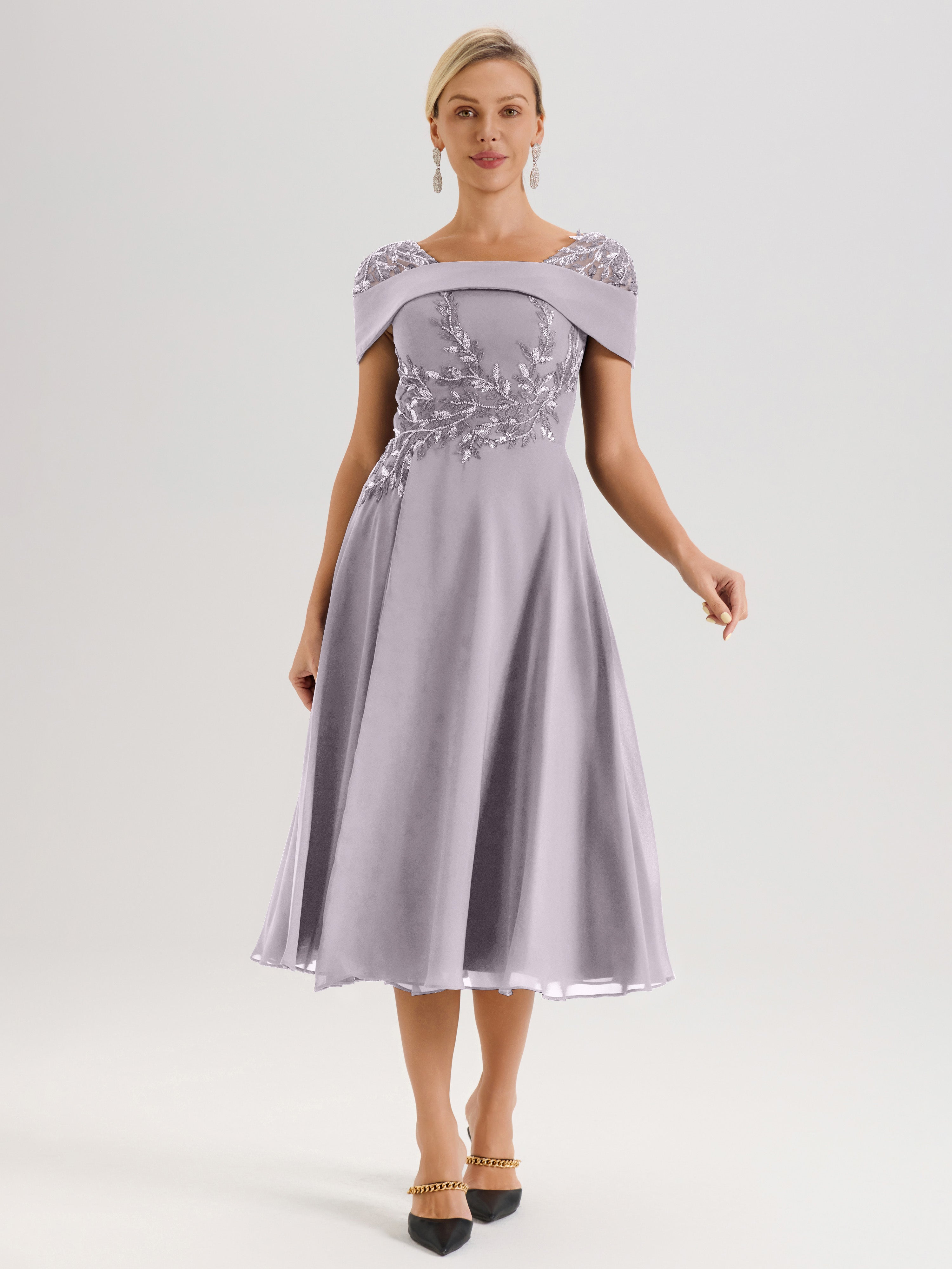 Cicinia Robe Trapèze Pour Mère De La Mariée Couleur Crépuscule En Mousseline Et Dentelle Col Carré Manches Courtes Longueur Mi-Mollet