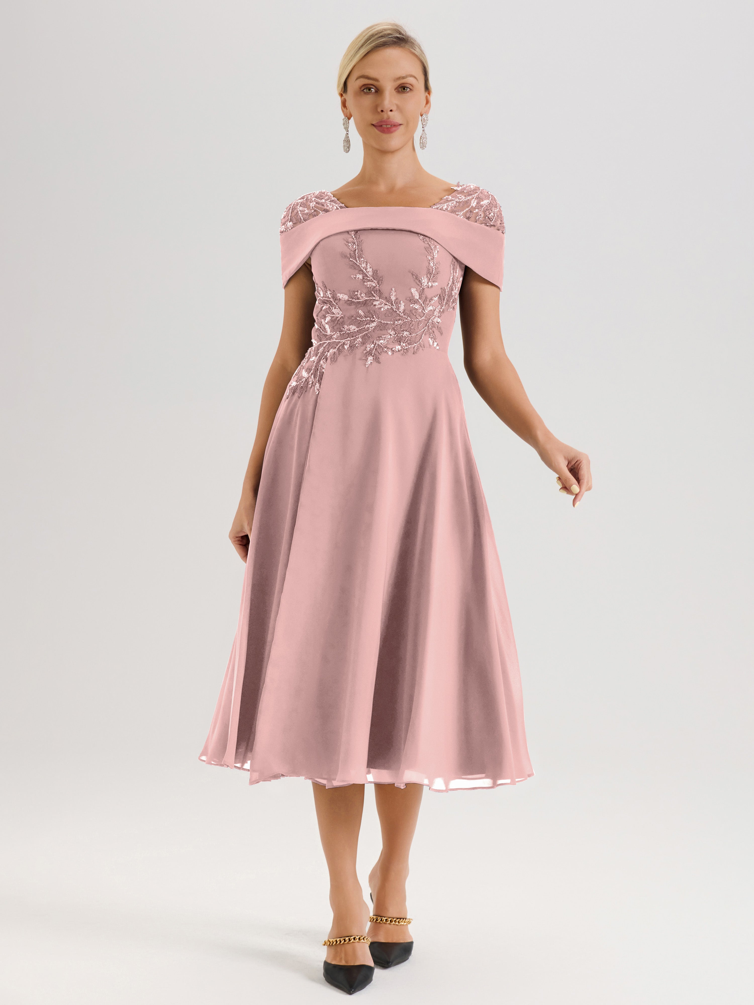 Cicinia Robe Trapèze Pour Mère De La Mariée Rose Poussiéreux En Mousseline Et Dentelle Col Carré Manches Courtes Longueur Mi-Mollet