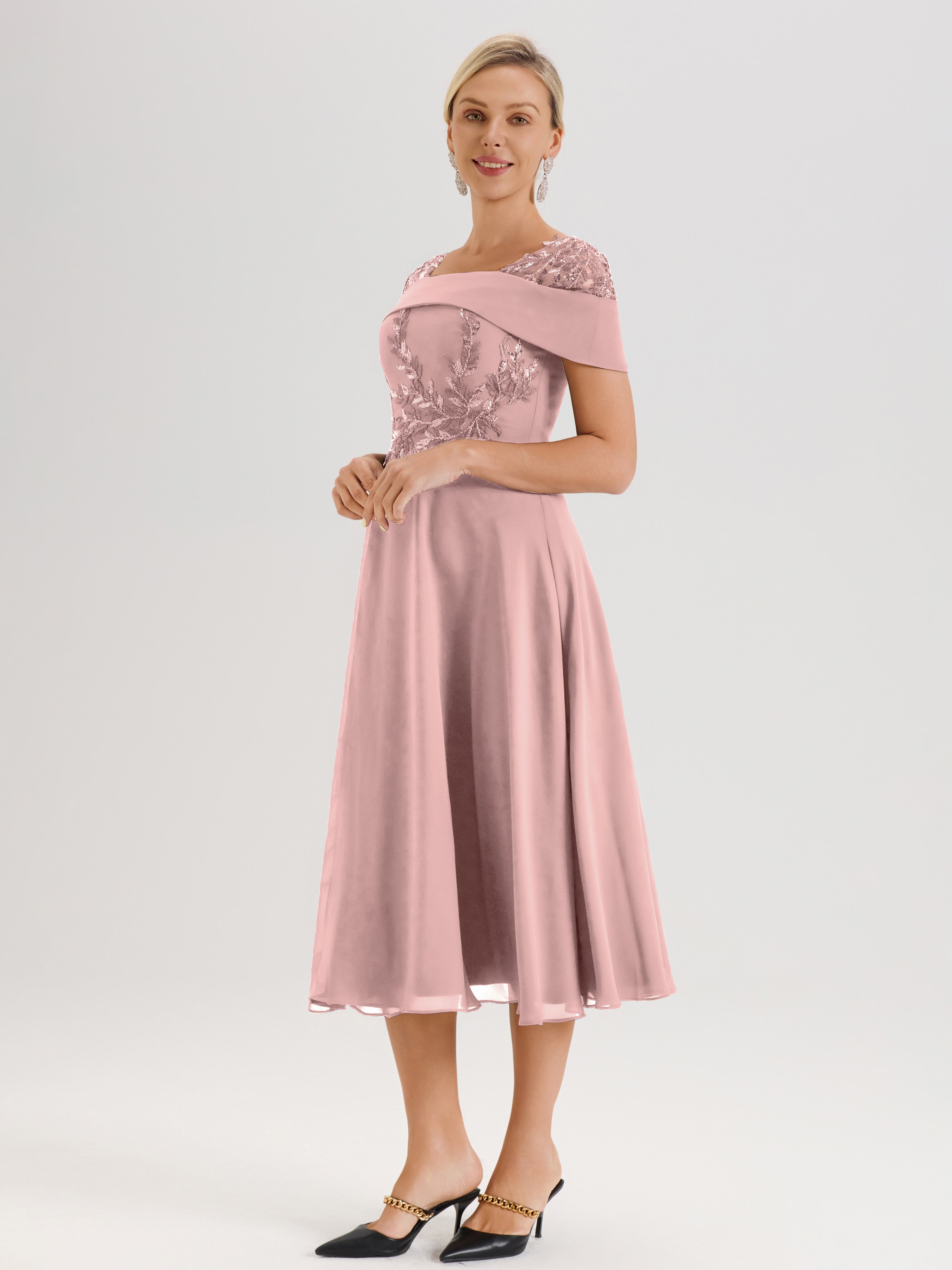 Cicinia Robe Trapèze Pour Mère De La Mariée Rose Poussiéreux En Mousseline Et Dentelle Col Carré Manches Courtes Longueur Mi-Mollet