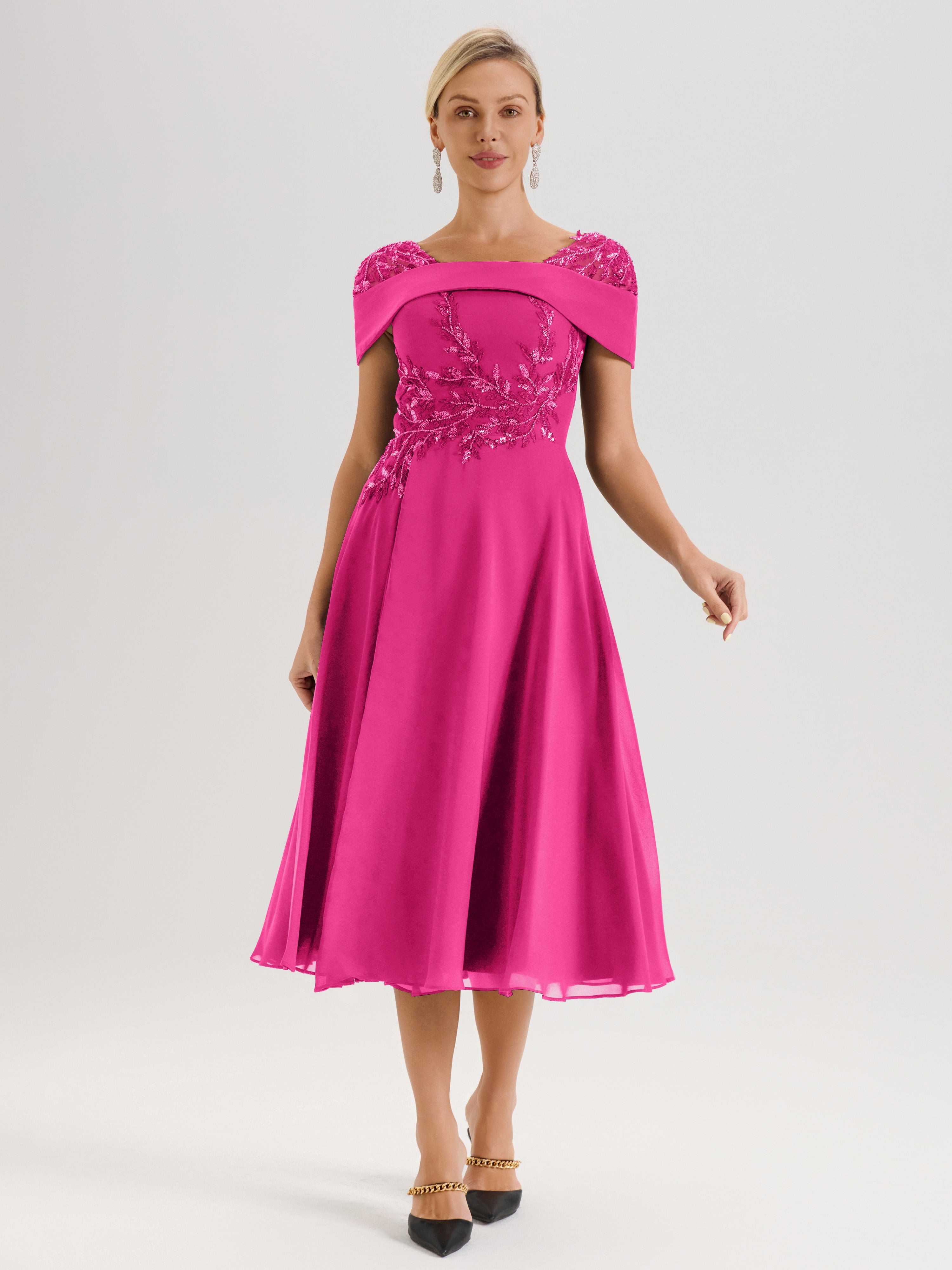 Cicinia Robe Trapèze Pour Mère De La Mariée Fuchsia En Mousseline Et Dentelle Col Carré Manches Courtes Longueur Mi-Mollet