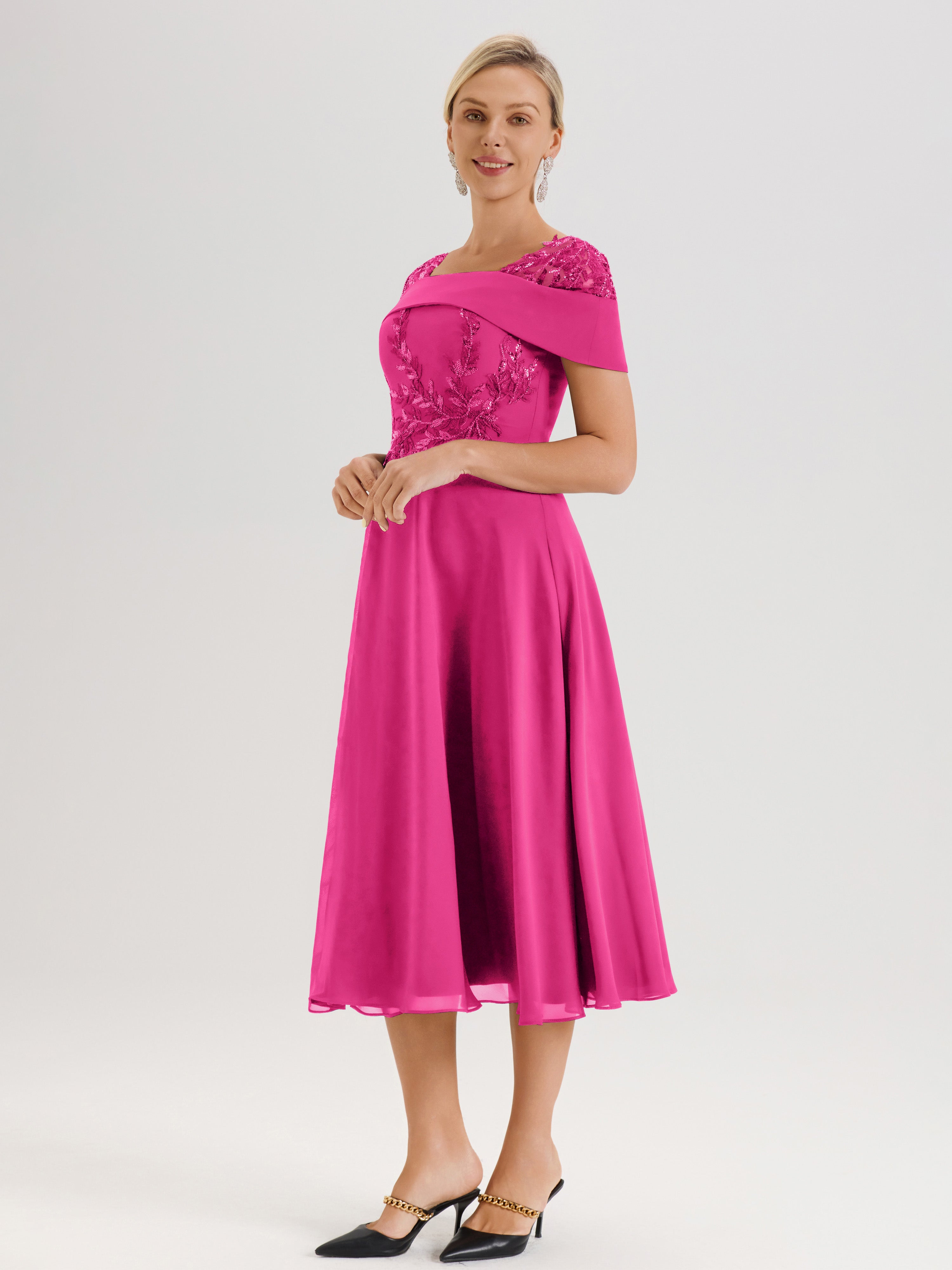 Cicinia Robe Trapèze Pour Mère De La Mariée Fuchsia En Mousseline Et Dentelle Col Carré Manches Courtes Longueur Mi-Mollet