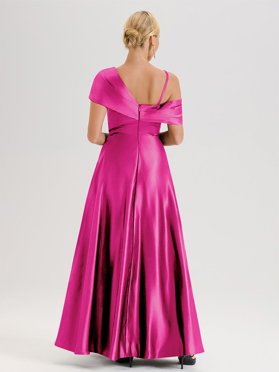 Cicinia Rouge Robe Mère De La Mariée Longueur Au Sol Trapèze Une Épaule En Satin Avec Jupe Plissée Fendue