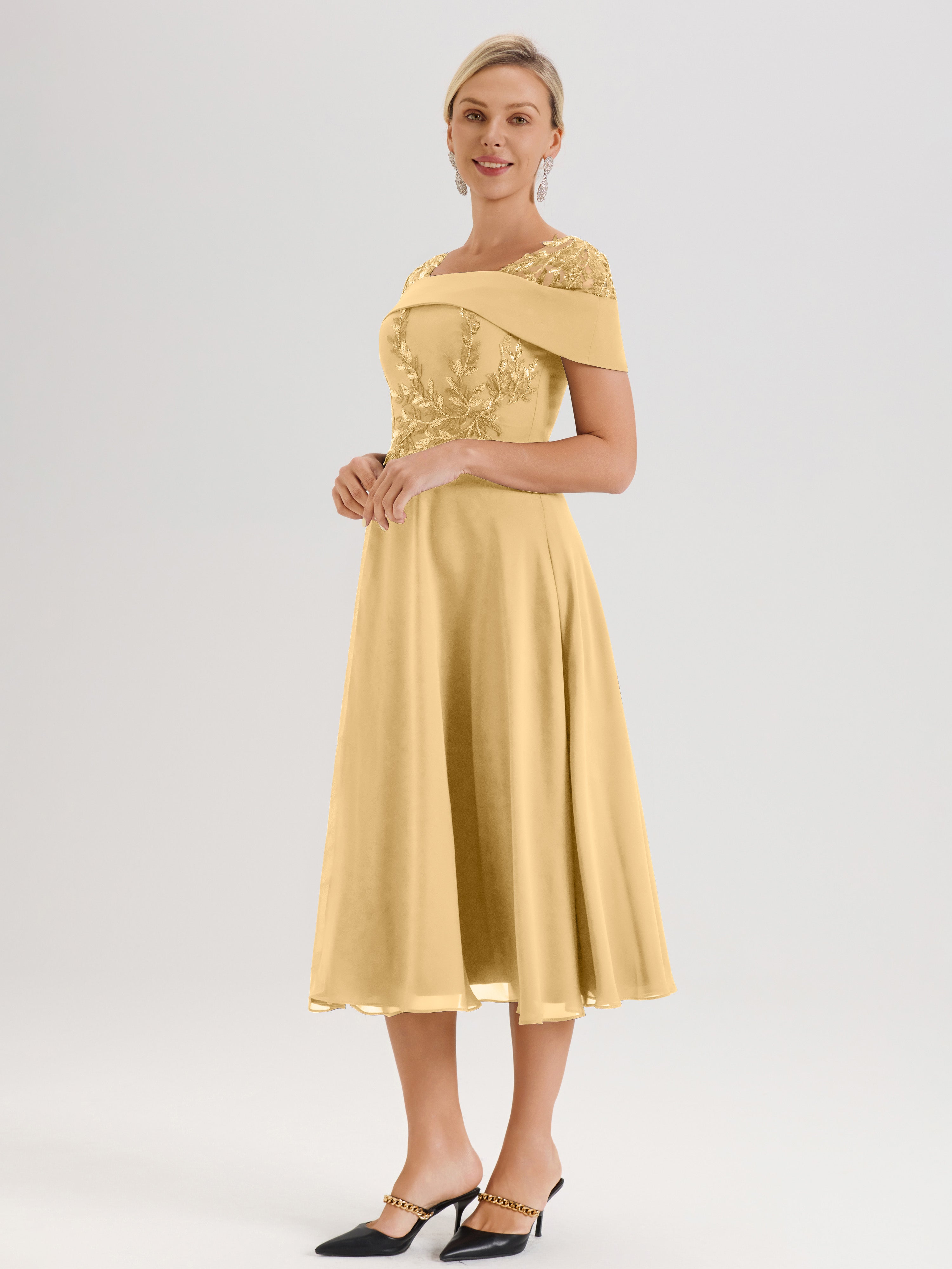 Cicinia Robe Trapèze Pour Mère De La Mariée Dorée En Mousseline Et Dentelle Col Carré Manches Courtes Longueur Mi-Mollet