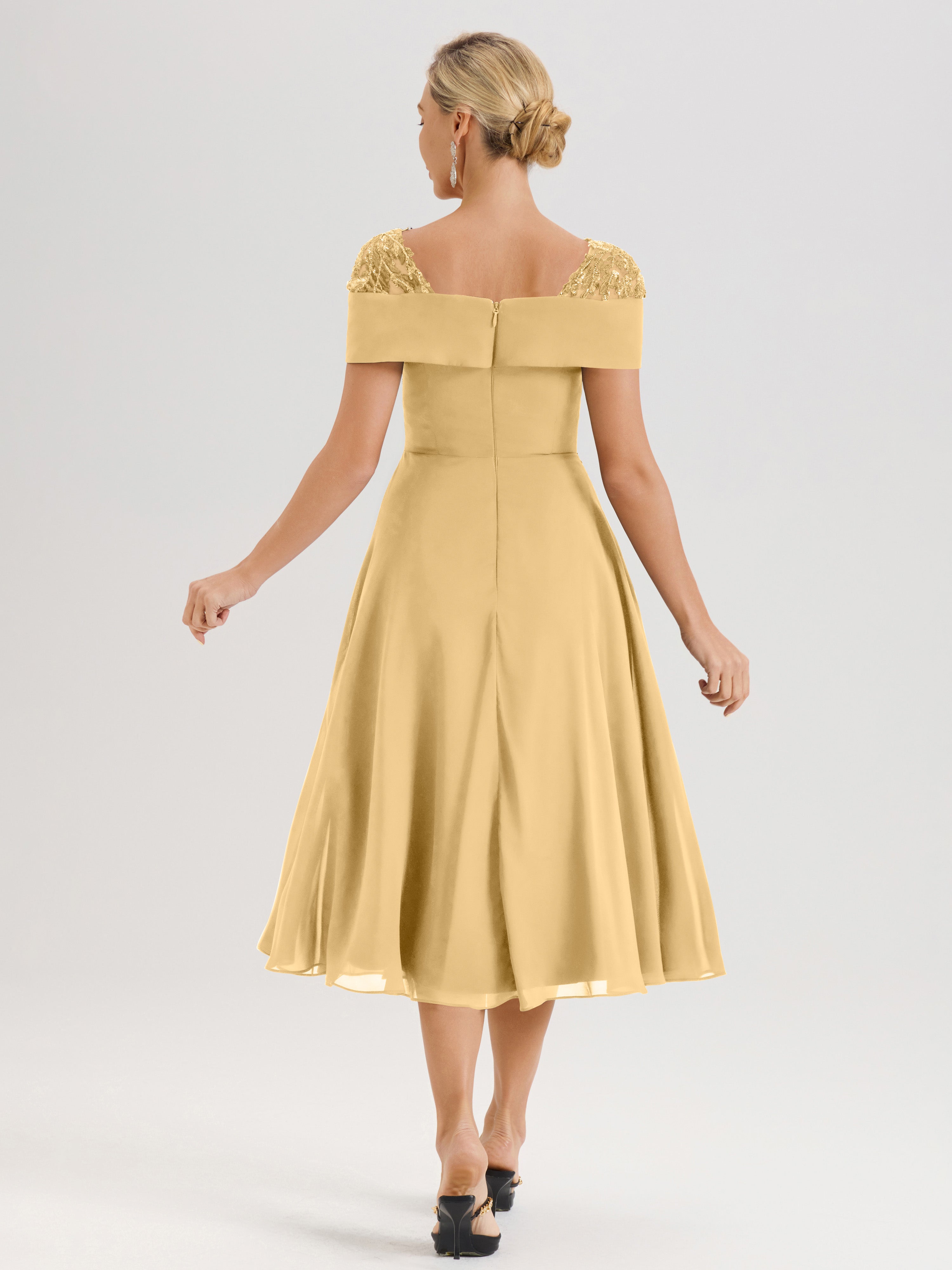 Cicinia Robe Trapèze Pour Mère De La Mariée Dorée En Mousseline Et Dentelle Col Carré Manches Courtes Longueur Mi-Mollet