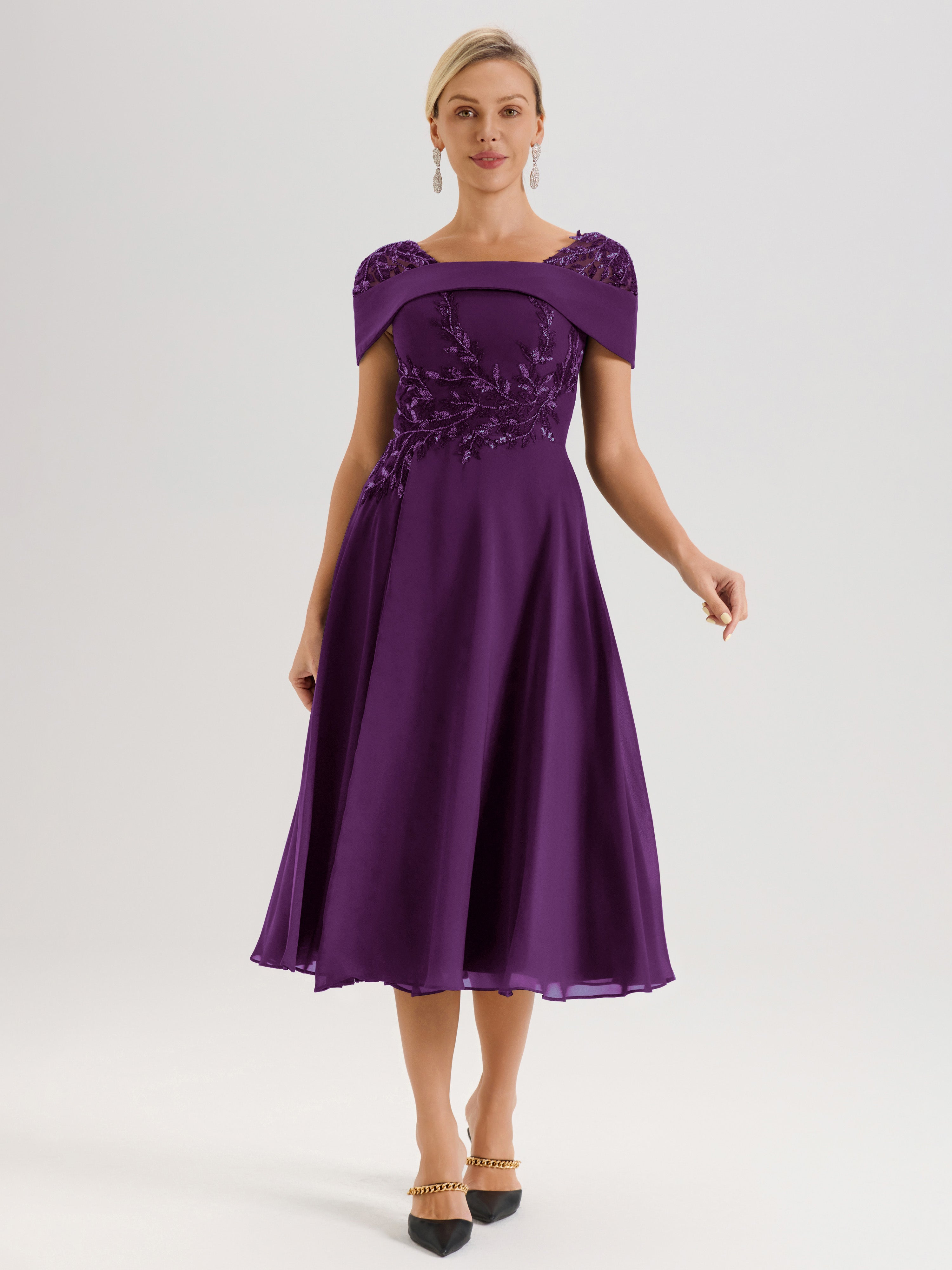 Cicinia Robe Trapèze Pour Mère De La Mariée En Raisin En Mousseline Et Dentelle Col Carré Manches Courtes Longueur Mi-Mollet