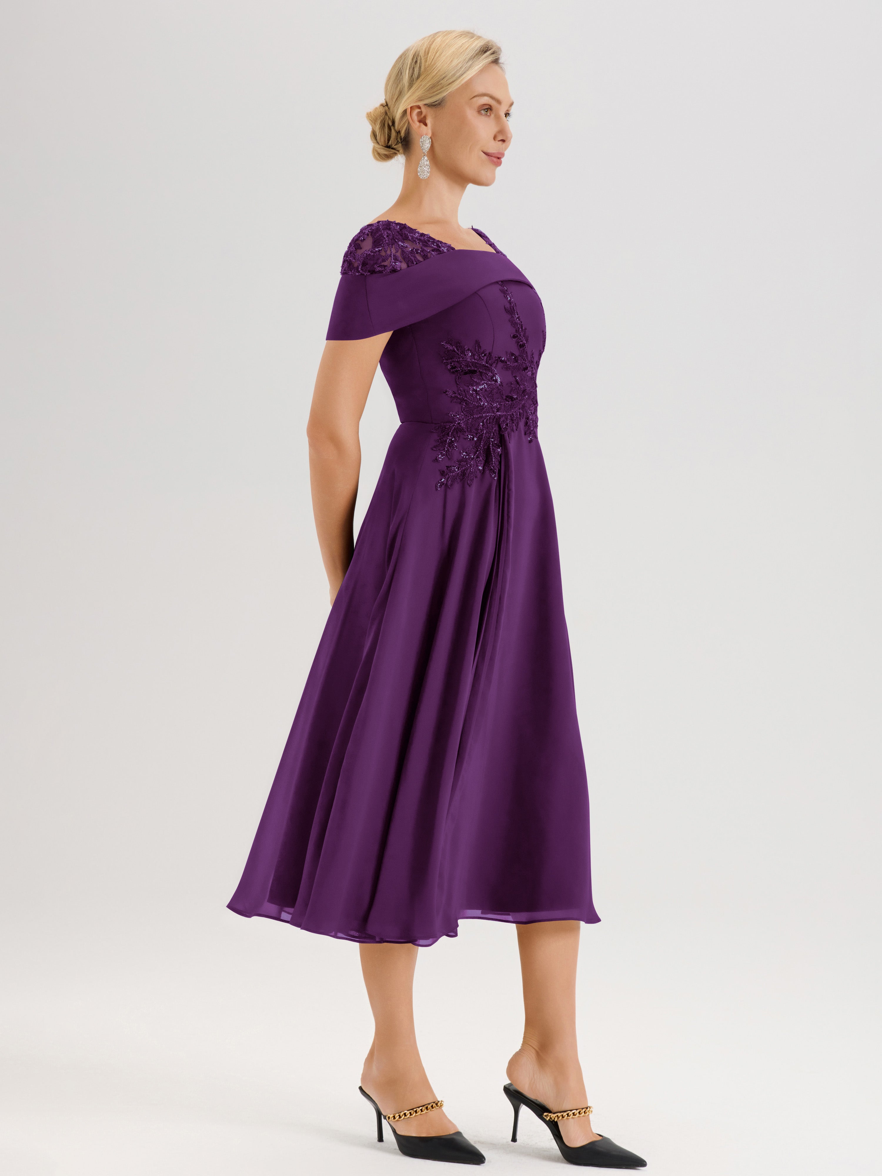 Cicinia Robe Trapèze Pour Mère De La Mariée En Raisin En Mousseline Et Dentelle Col Carré Manches Courtes Longueur Mi-Mollet