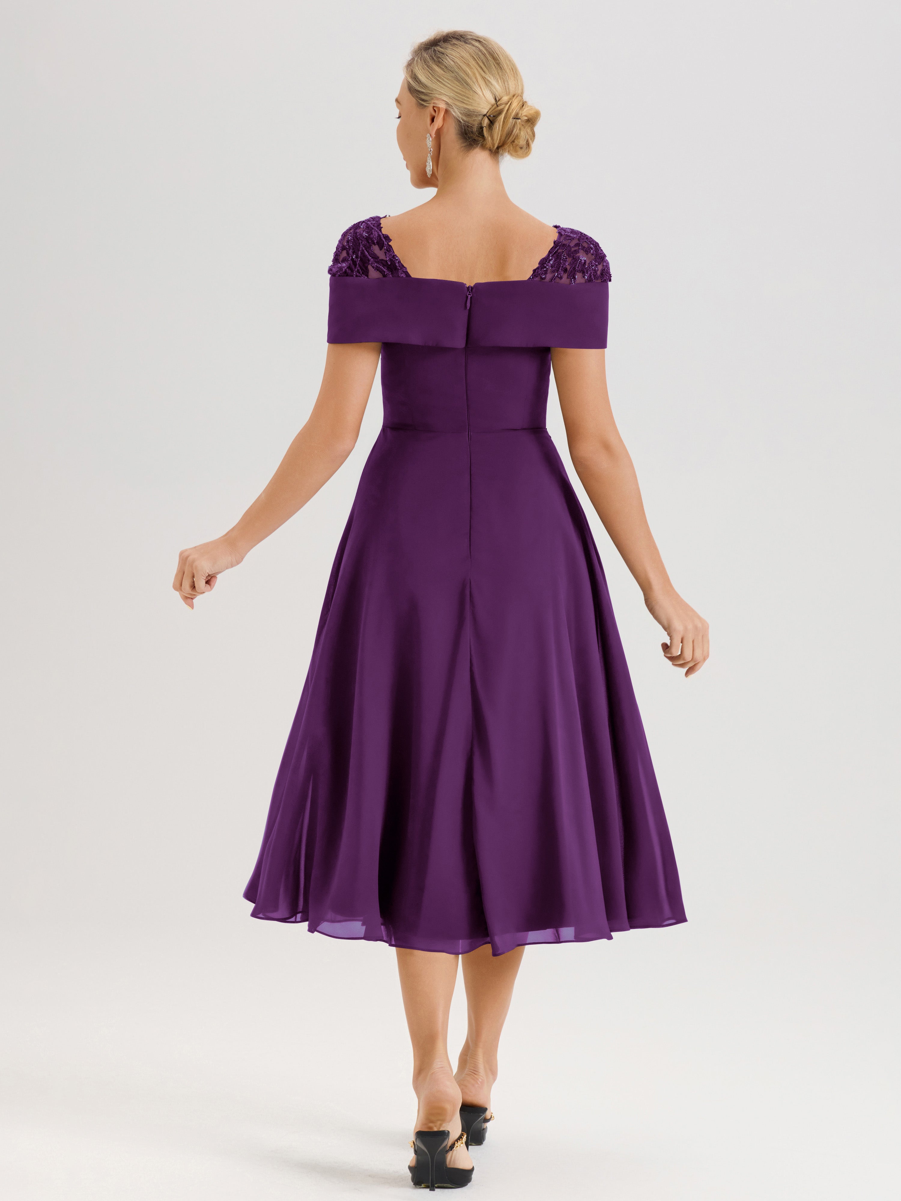 Cicinia Robe Trapèze Pour Mère De La Mariée En Raisin En Mousseline Et Dentelle Col Carré Manches Courtes Longueur Mi-Mollet