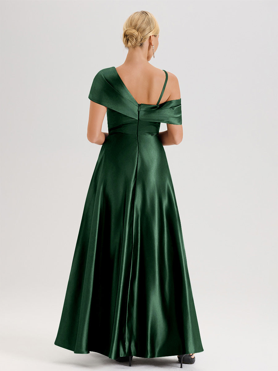 Cicinia Bleu Poudré Robe Mère De La Mariée Longueur Au Sol Trapèze Une Épaule En Satin Avec Jupe Plissée Fendue
