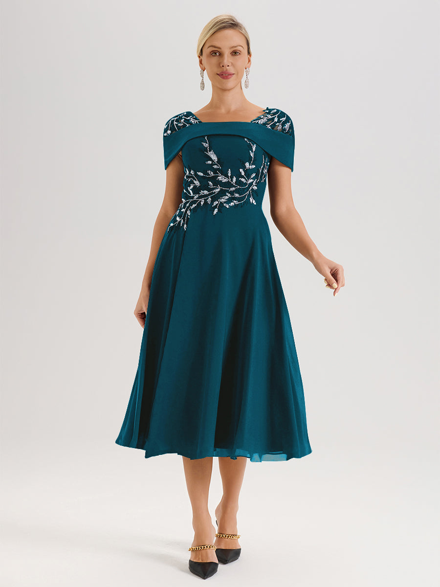 Cicinia Robe Trapèze Pour Mère De La Mariée Bleu Encre En Mousseline Et Dentelle Col Carré Manches Courtes Longueur Mi-Mollet