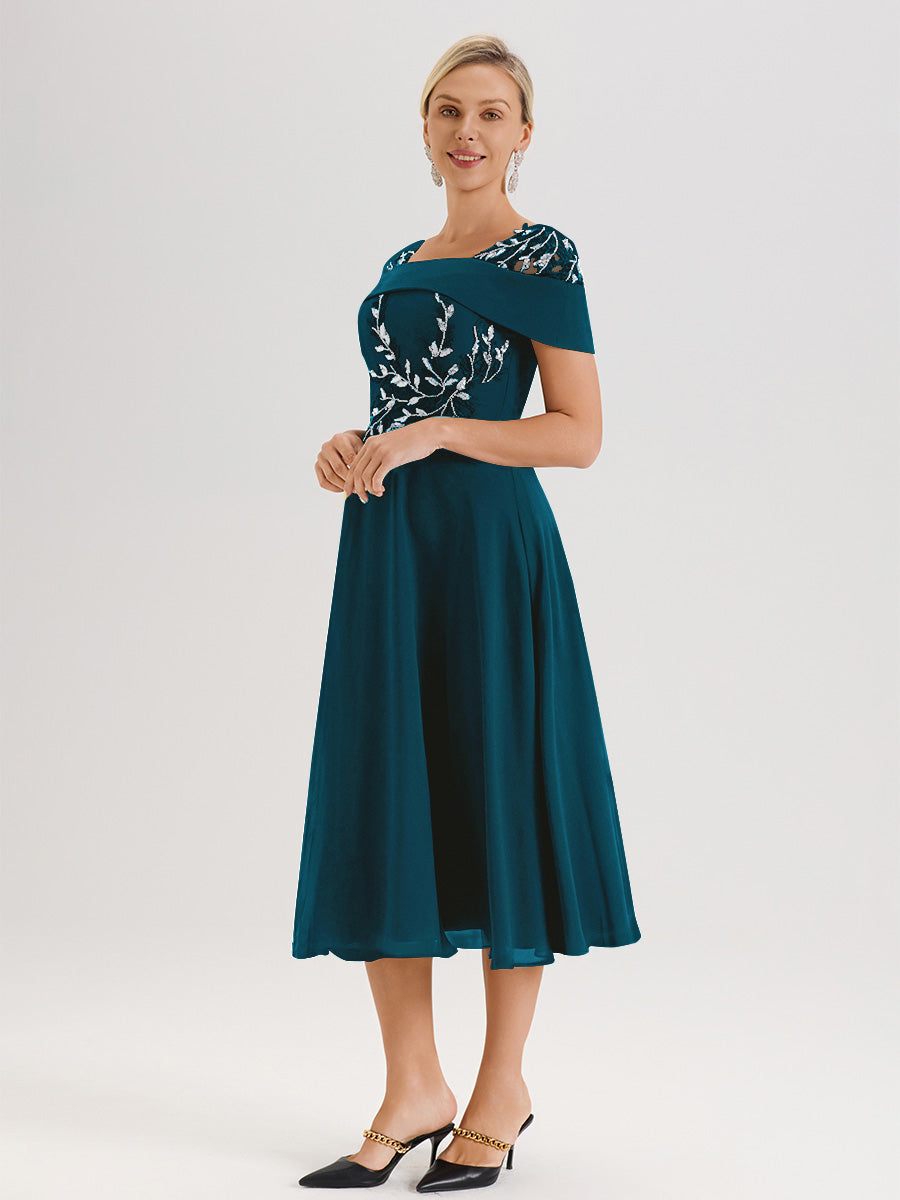 Cicinia Robe Trapèze Pour Mère De La Mariée Bleu Encre En Mousseline Et Dentelle Col Carré Manches Courtes Longueur Mi-Mollet