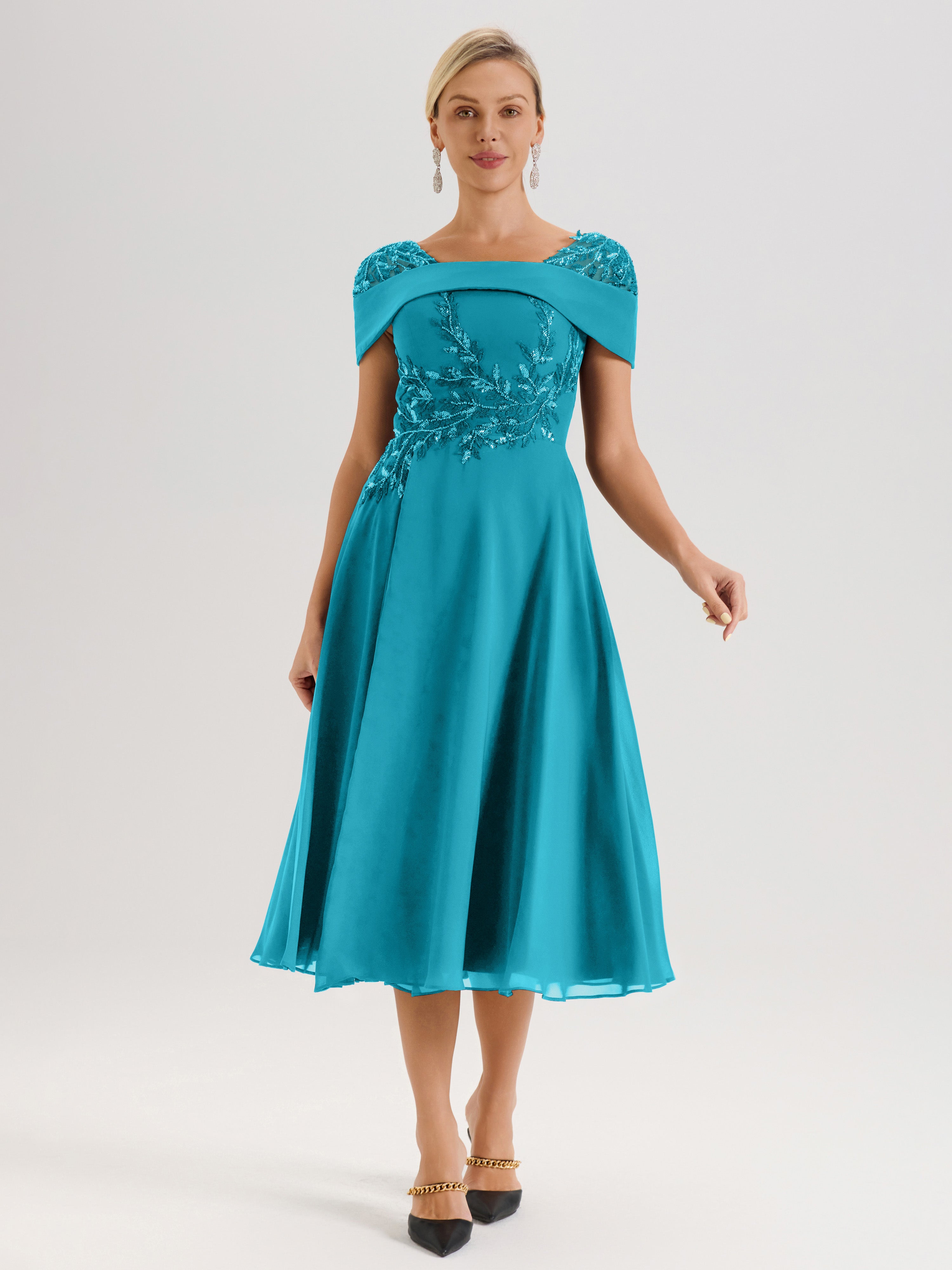 Cicinia Robe Trapèze Pour Mère De La Mariée Vert Jade En Mousseline Et Dentelle Col Carré Manches Courtes Longueur Mi-Mollet