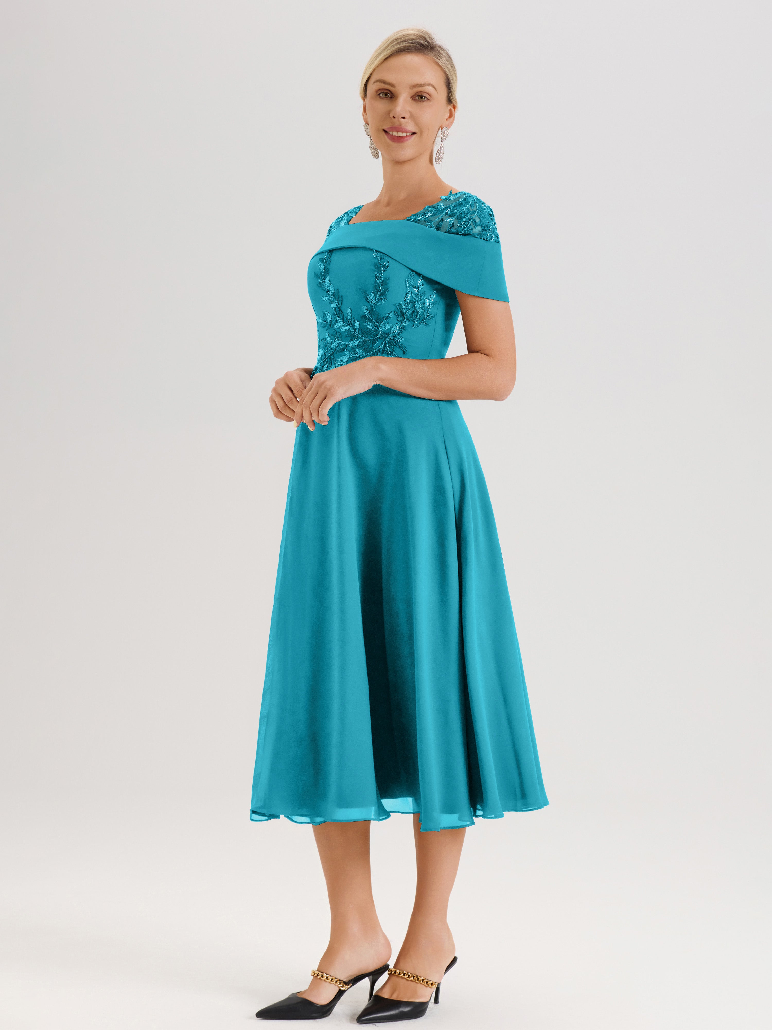 Cicinia Robe Trapèze Pour Mère De La Mariée Vert Jade En Mousseline Et Dentelle Col Carré Manches Courtes Longueur Mi-Mollet