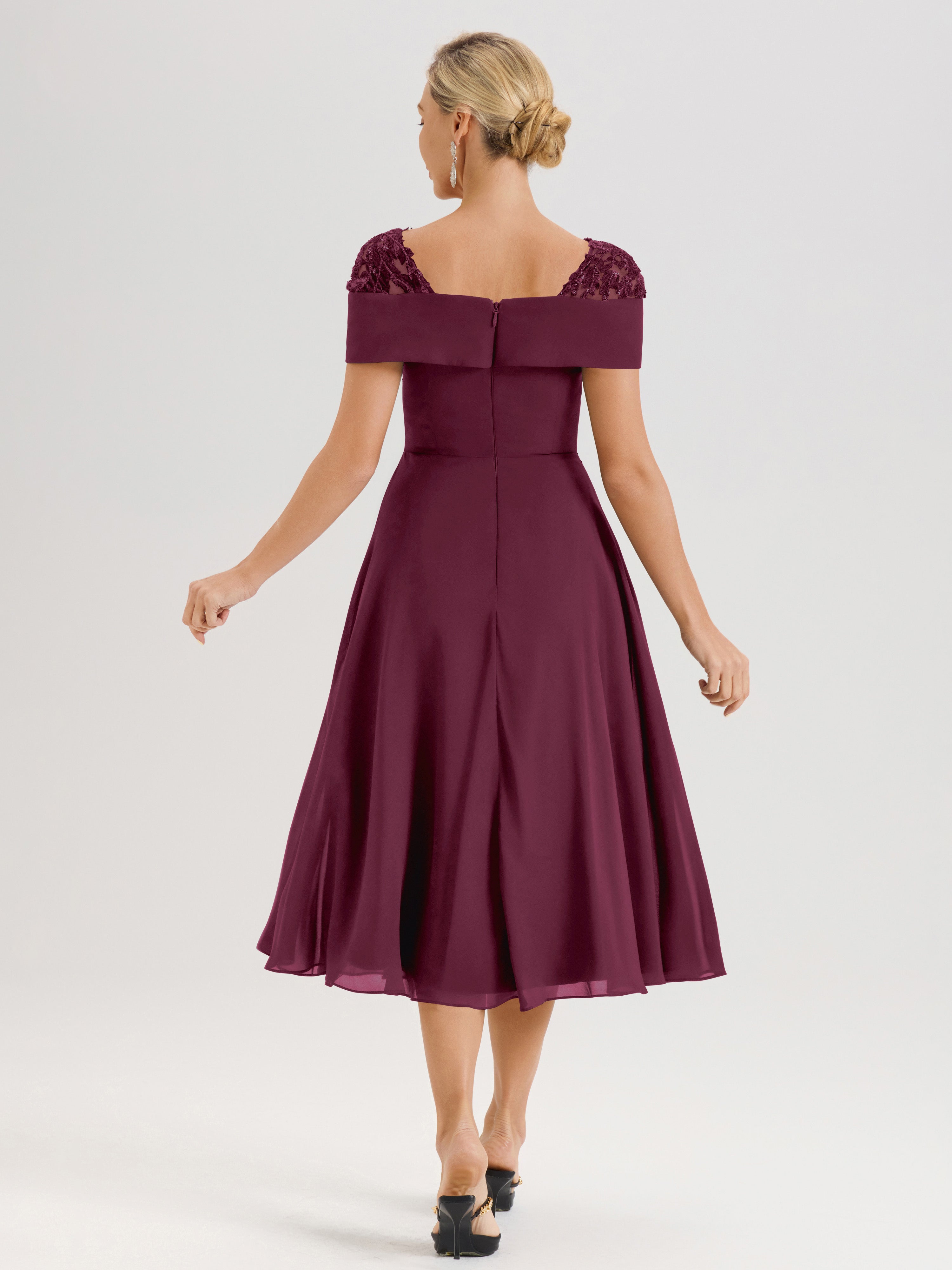 Cicinia Robe Trapèze Pour Mère De La Mariée Mûre En Mousseline Et Dentelle Col Carré Manches Courtes Longueur Mi-Mollet